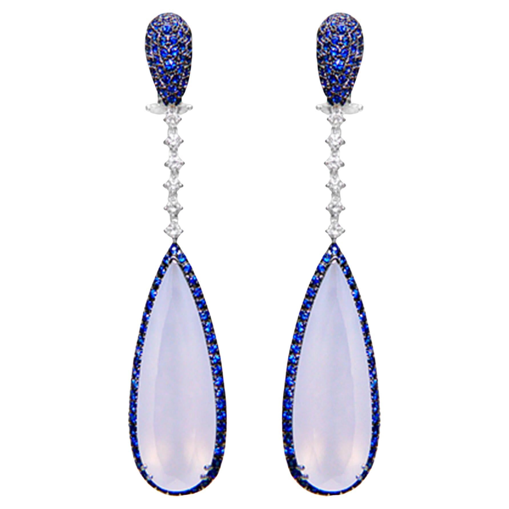 Blue Sapphire and Chalcedony Dangle Earrings Diamonds 32 Carats 18K Gold
