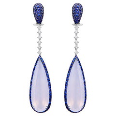 Pendientes Colgantes Zafiro Azul y Calcedonia Diamantes 32 Quilates Oro 18K