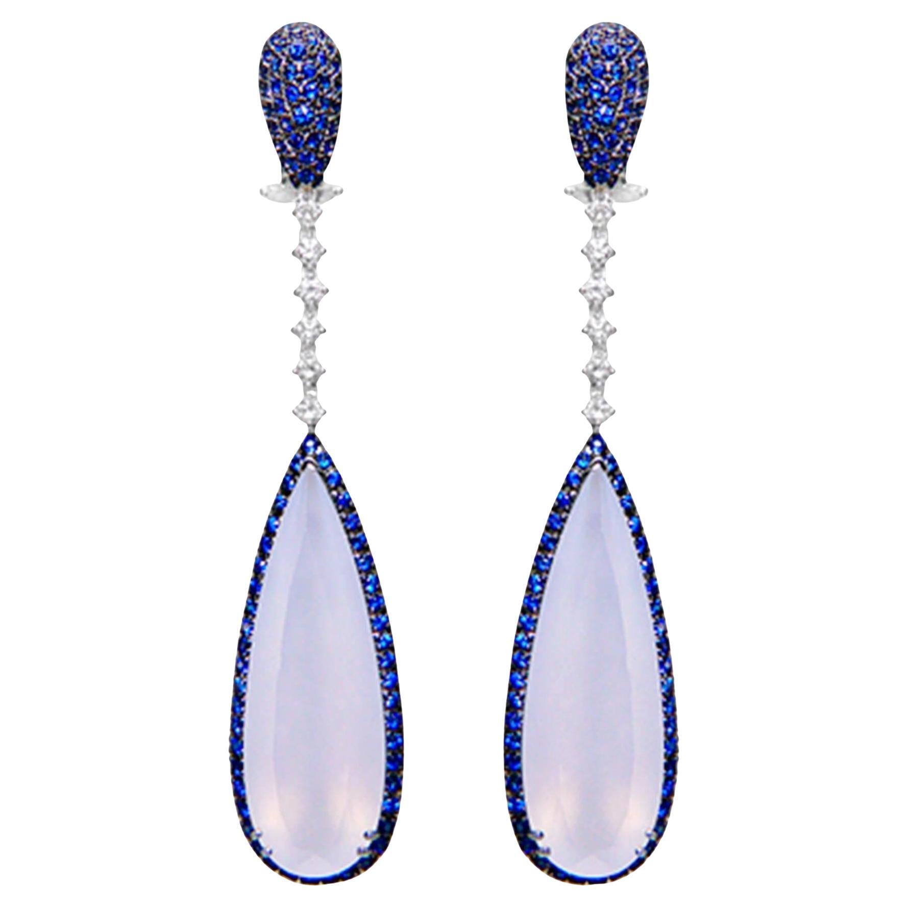 Blue Sapphire and Chalcedony Dangle Earrings Diamonds 32 Carats 18K Gold