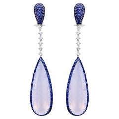 Pendientes Colgantes Zafiro Azul y Calcedonia Diamantes 32 Quilates Oro 18K