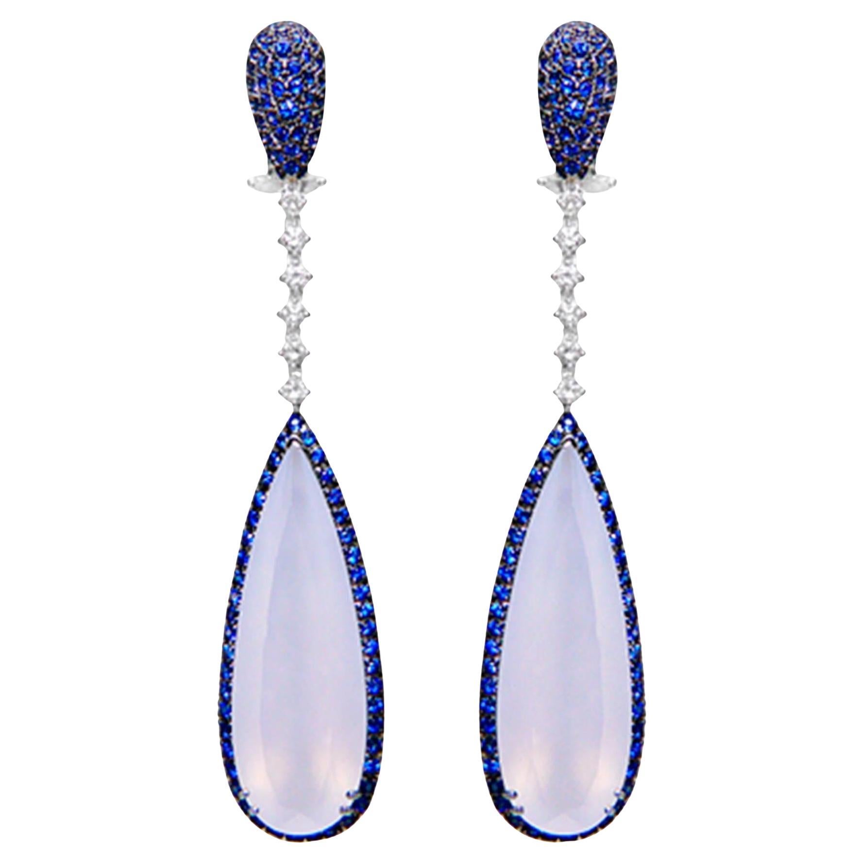 Blauer Saphir und Chalcedon Ohrhänger Diamanten 32 Karat 18K Gold