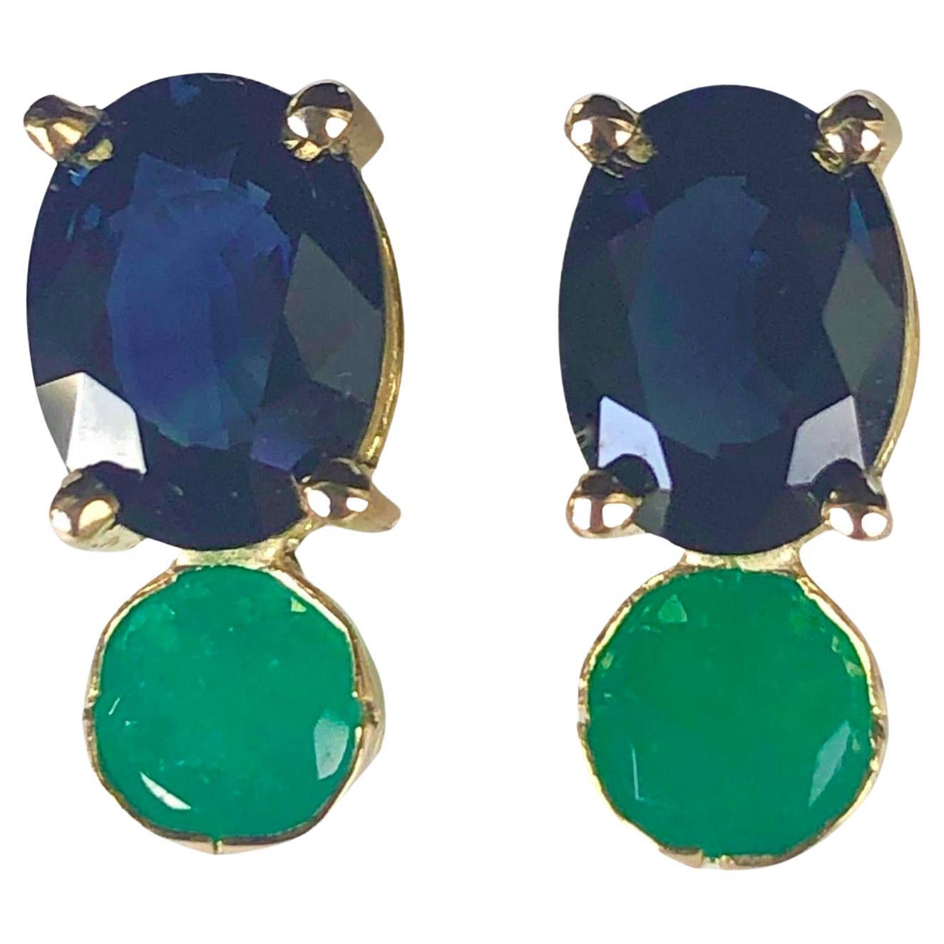 Blue Sapphire, and Colombian Emerald Stud Earrings 18K Yellow Gold For Sale
