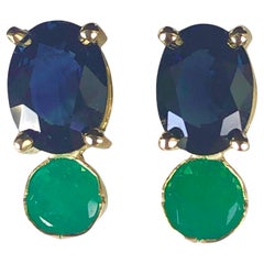 Blue Sapphire, and Colombian Emerald Stud Earrings 18K Yellow Gold