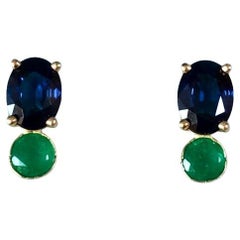 Blue Sapphire, and Colombian Emerald Stud Earrings 18K Yellow Gold