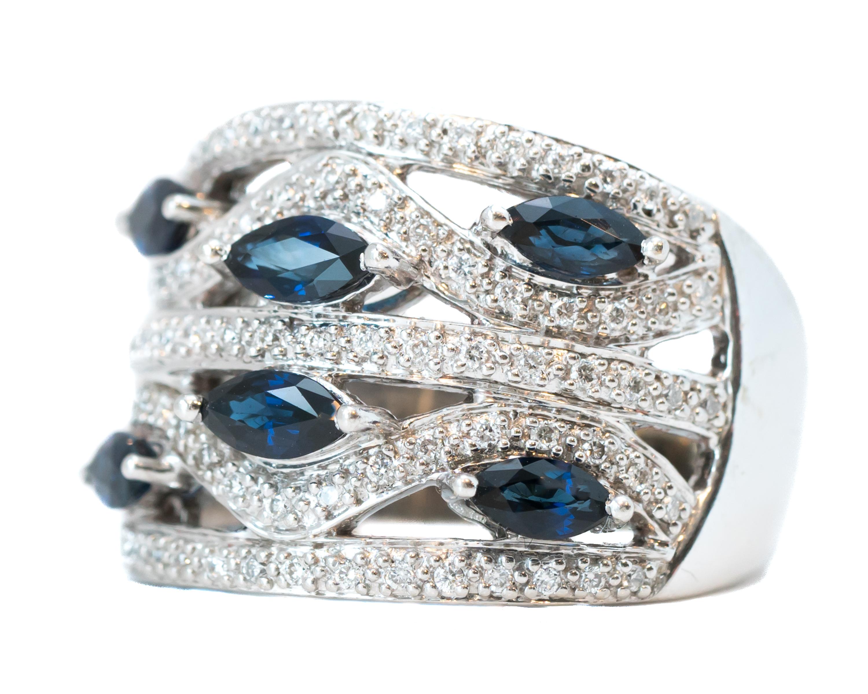 Marquise Cut Blue Sapphire and Diamond 14 Karat White Gold Cocktail Ring