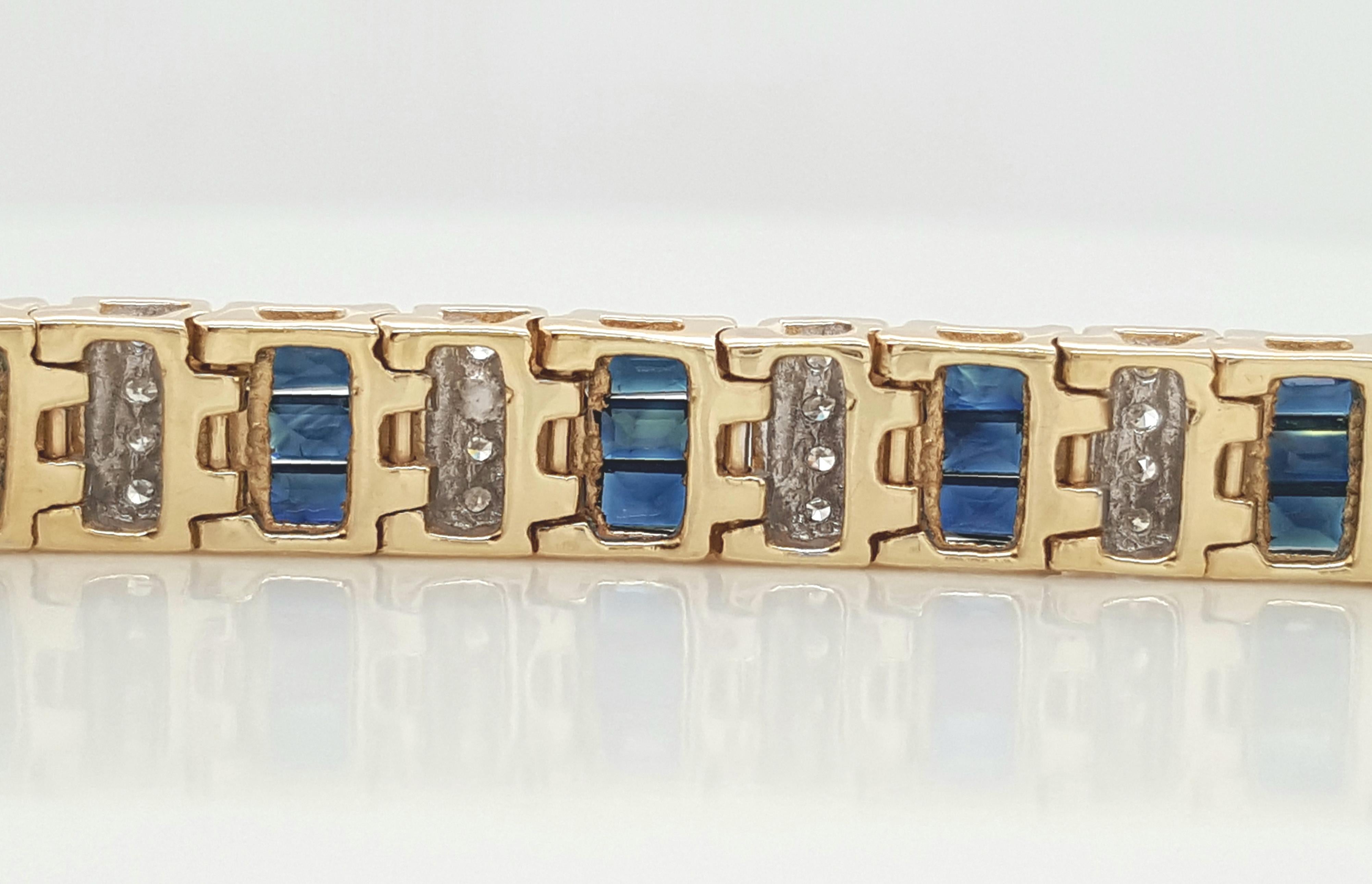 Round Cut Blue Sapphire and Diamond 14 Karat Yellow Gold Bracelet