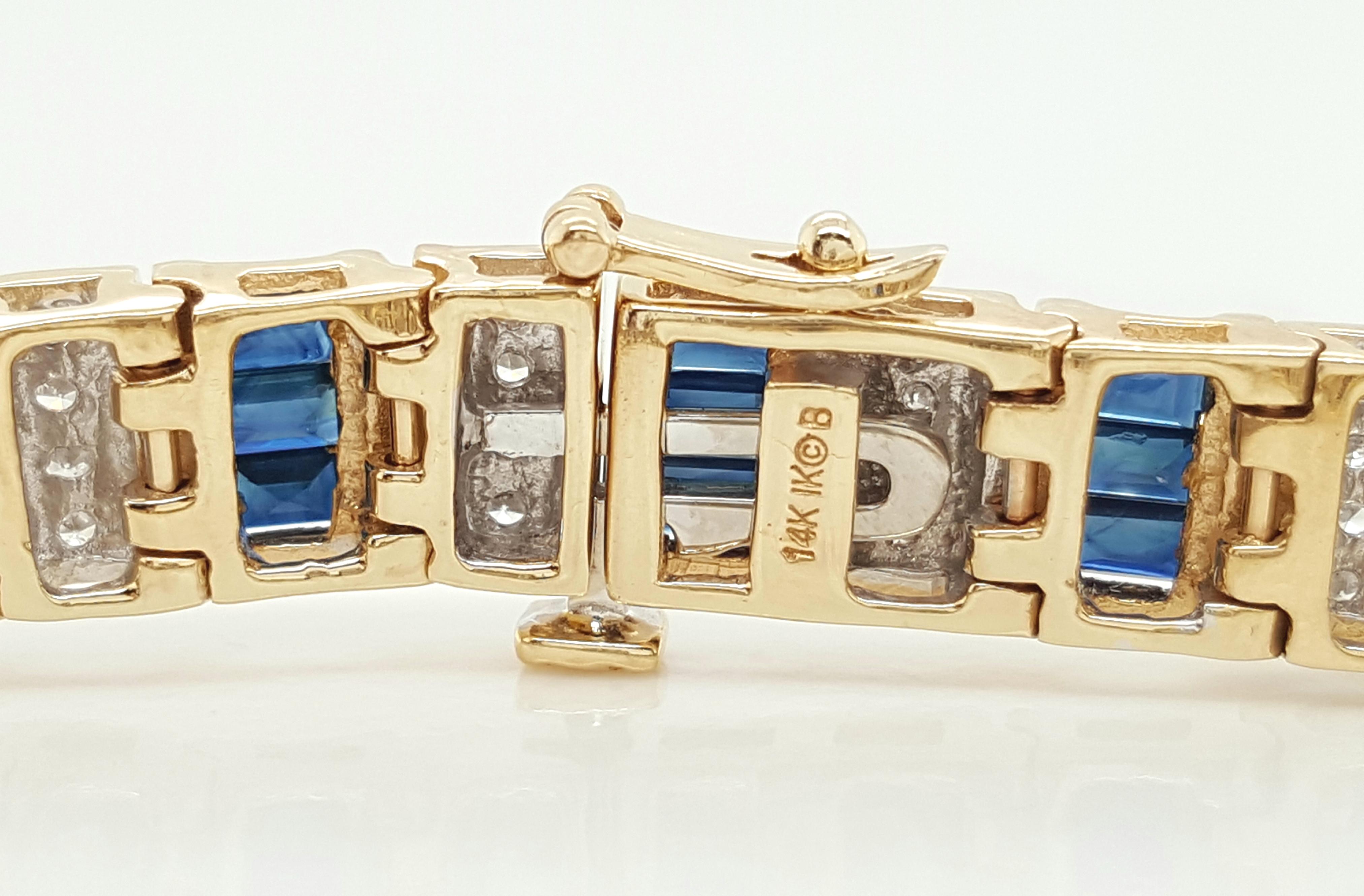 Women's or Men's Blue Sapphire and Diamond 14 Karat Yellow Gold Bracelet