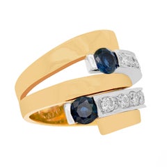 Blue Sapphire and Diamond 18 Carat White & Yellow Gold Wide Bypass Dress Ring