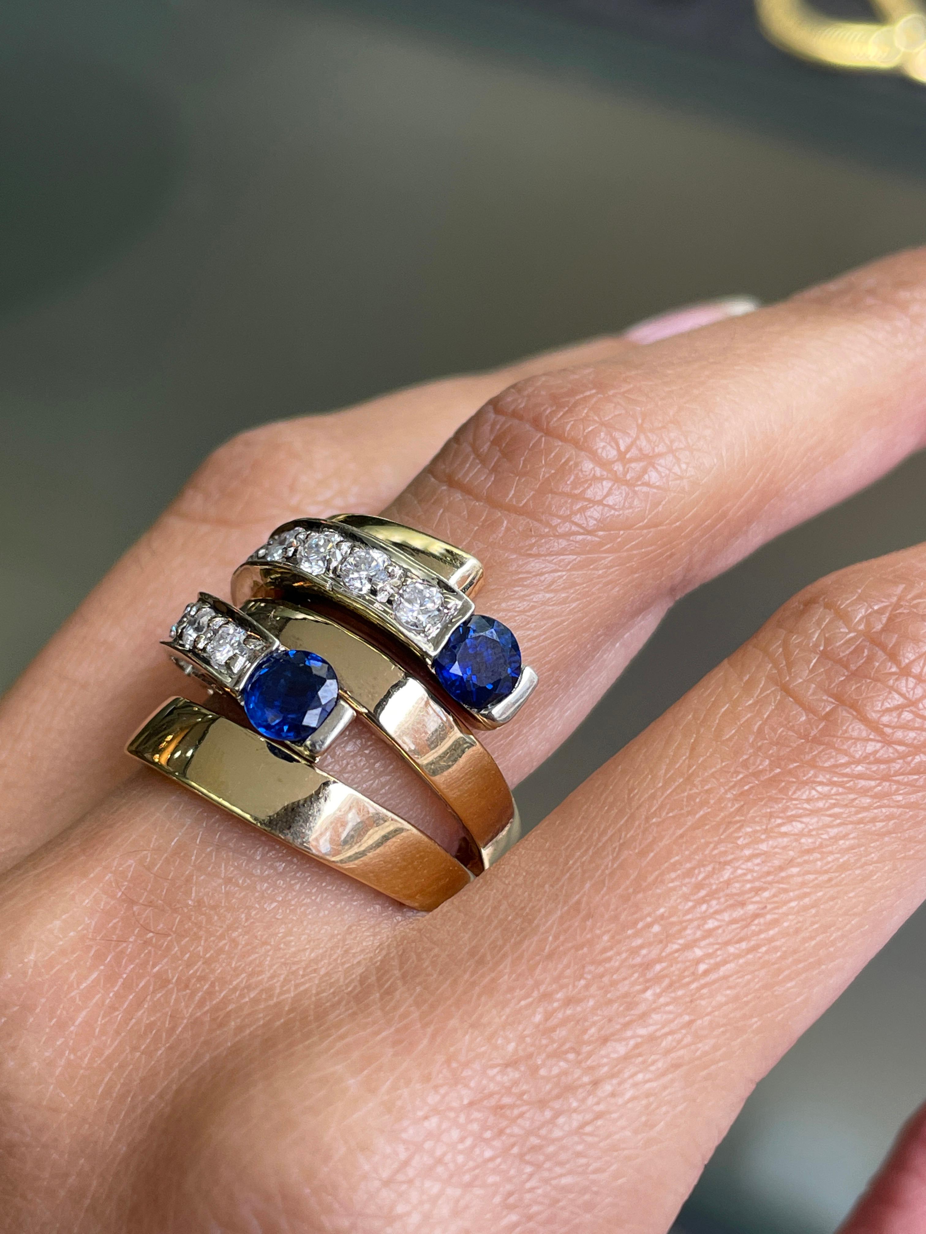 Modern Blue Sapphire and Diamond 18 Carat White & Yellow Gold Wide Bypass Dress Ring For Sale
