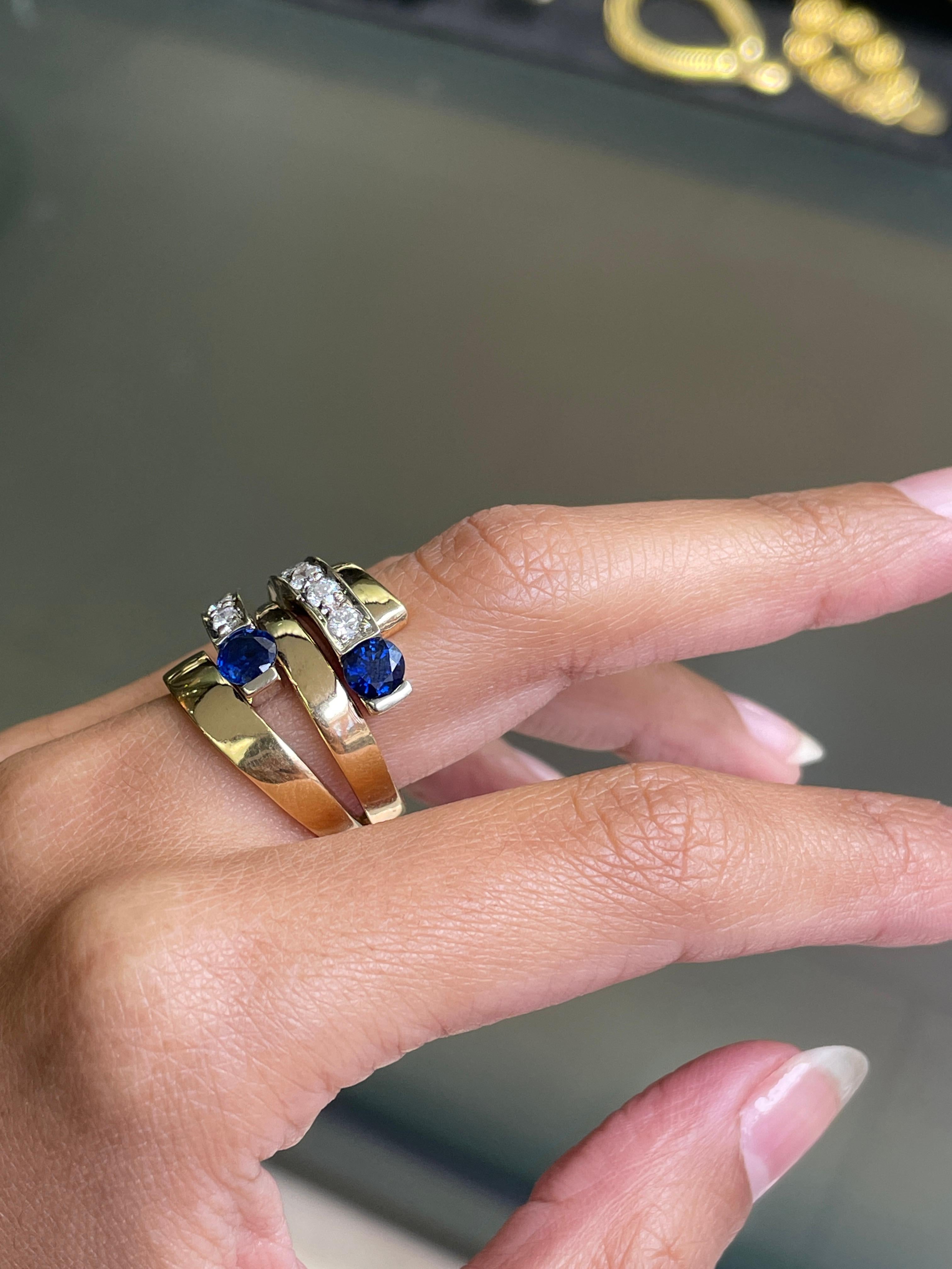 Round Cut Blue Sapphire and Diamond 18 Carat White & Yellow Gold Wide Bypass Dress Ring For Sale