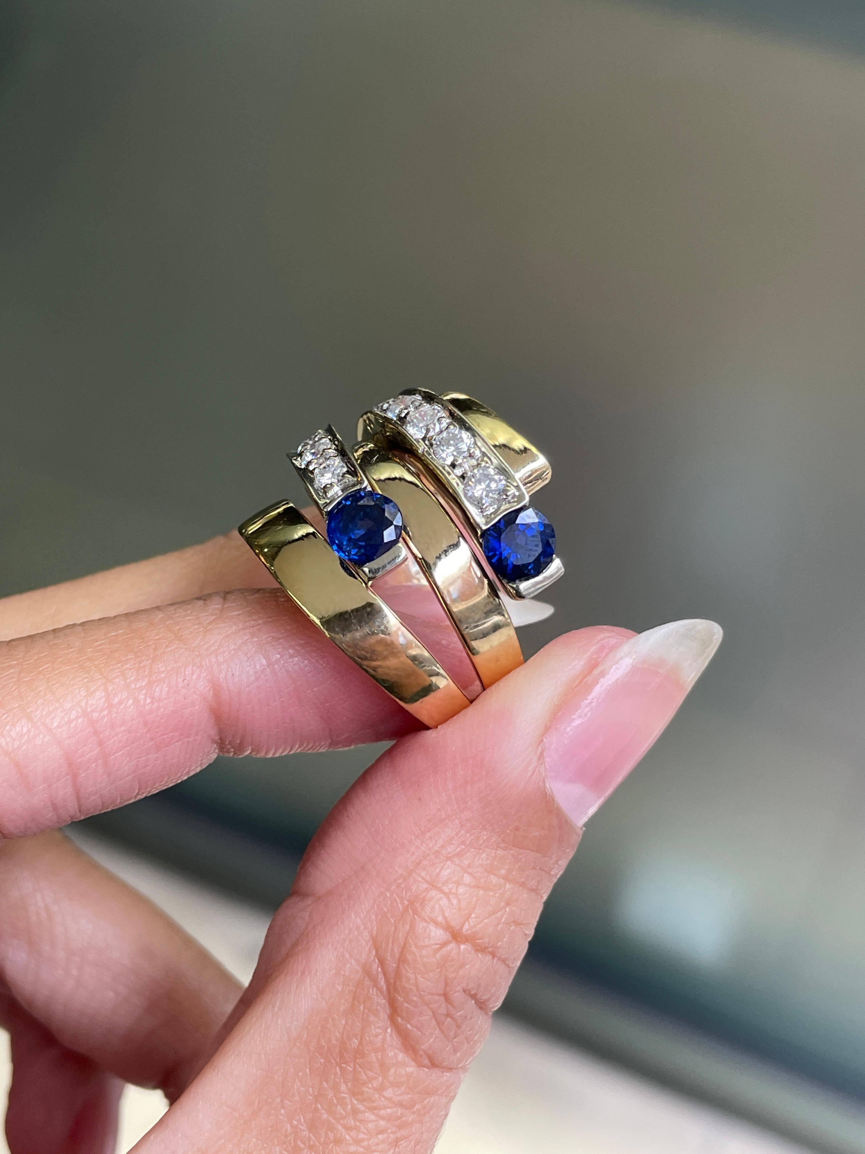 Blue Sapphire and Diamond 18 Carat White & Yellow Gold Wide Bypass Dress Ring In Good Condition For Sale In London, GB