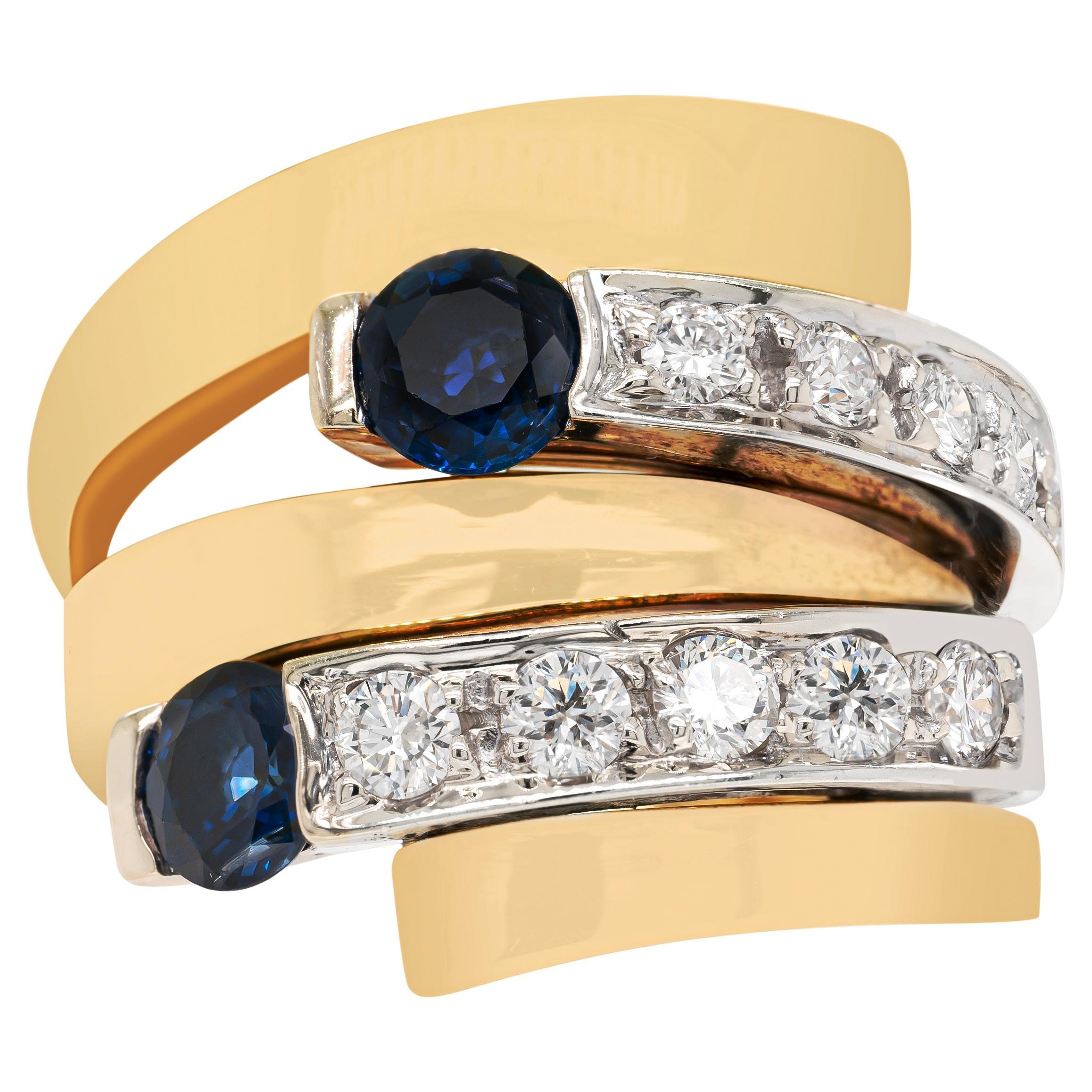 Breiter Bypass-Kleidring mit blauem blauen Saphir und Diamant, 18 Karat Weiß- und Gelbgold