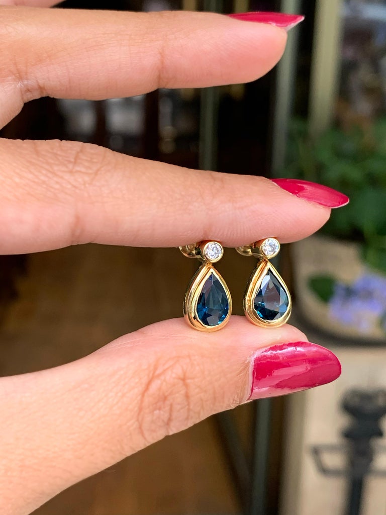 Blue Sapphire and Diamond 18 Carat Yellow Gold Drop Earrings For Sale at  1stDibs | gold and blue earrings, sapphire drop earrings yellow gold, pear  shaped sapphire earrings