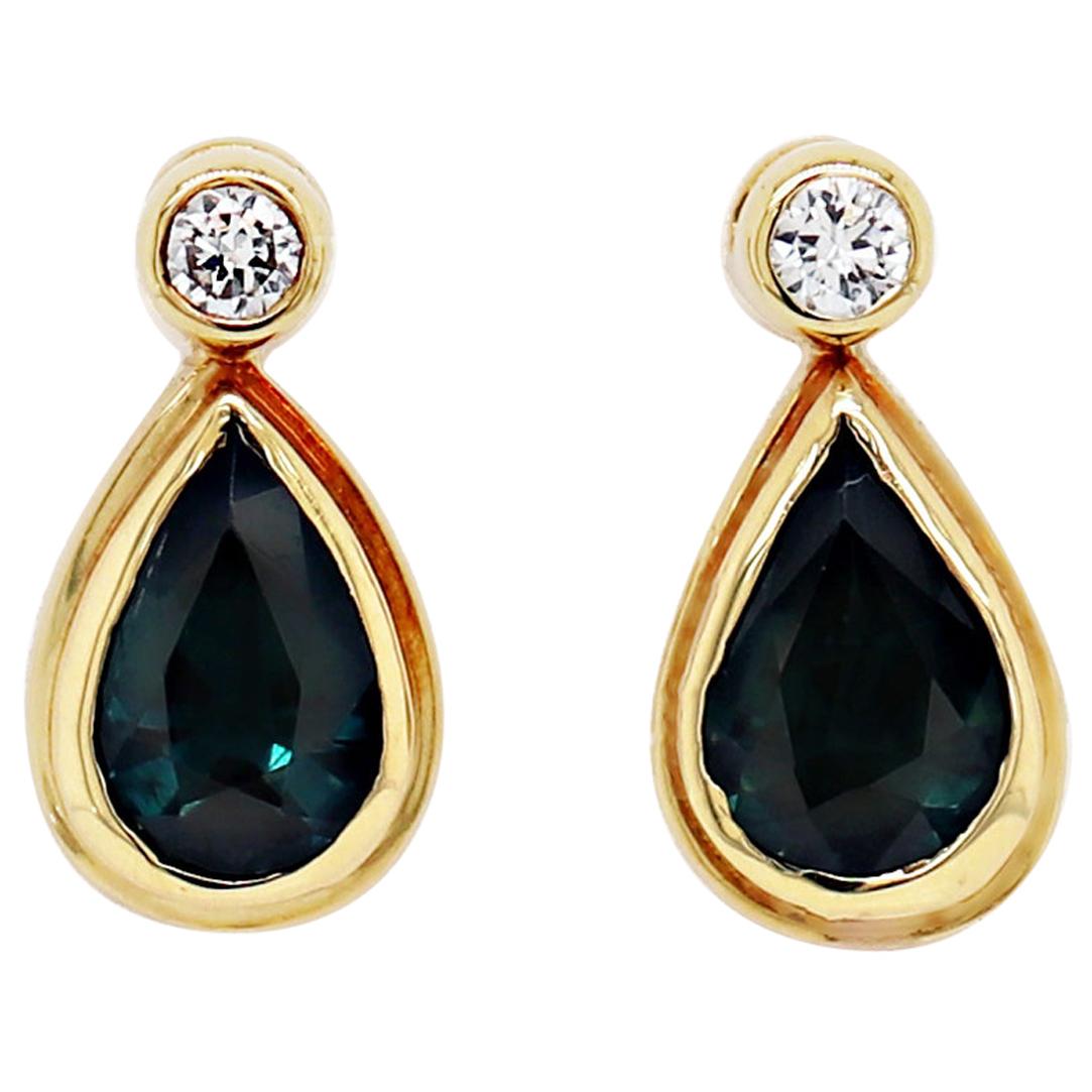 Blue Sapphire and Diamond 18 Carat Yellow Gold Drop Earrings