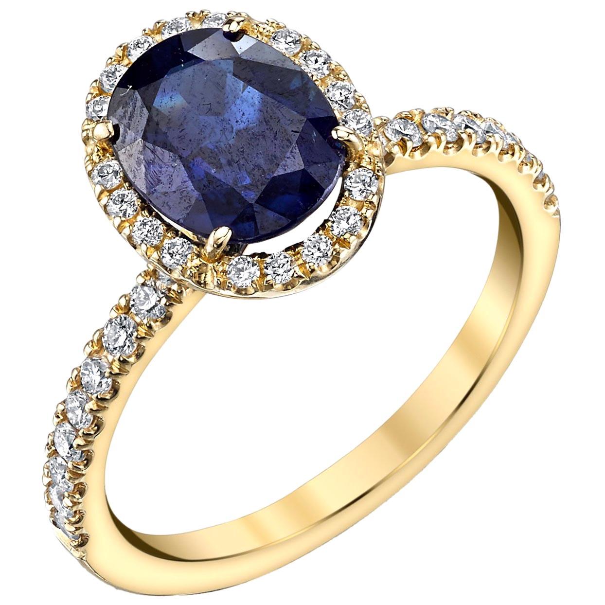 2.16 Carat Blue Sapphire and Diamond 18 Karat Yellow Gold "Halo"  Ring
