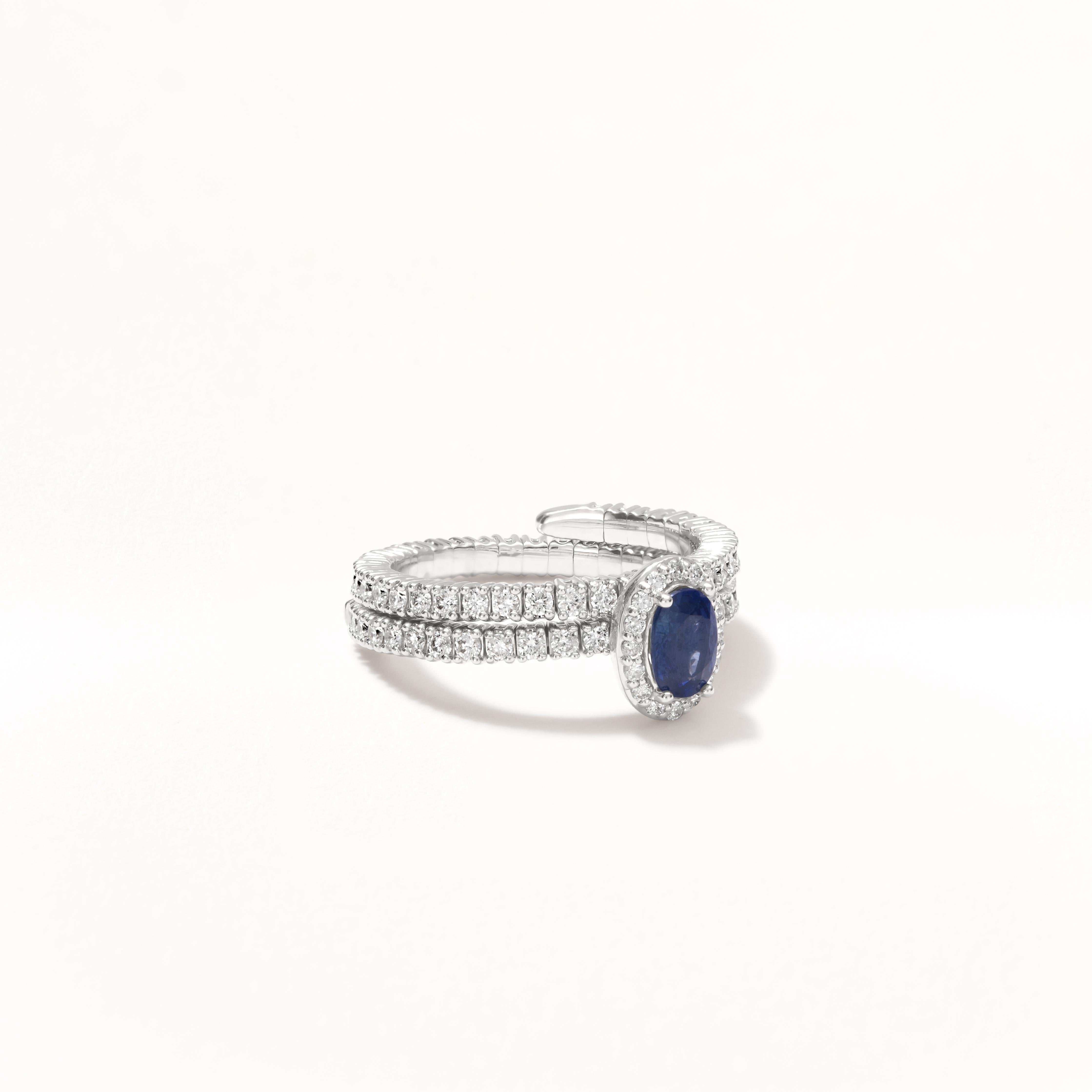 Contemporary Blue Sapphire and Diamond Adjustable Band Ring in 18k White Gold For Sale