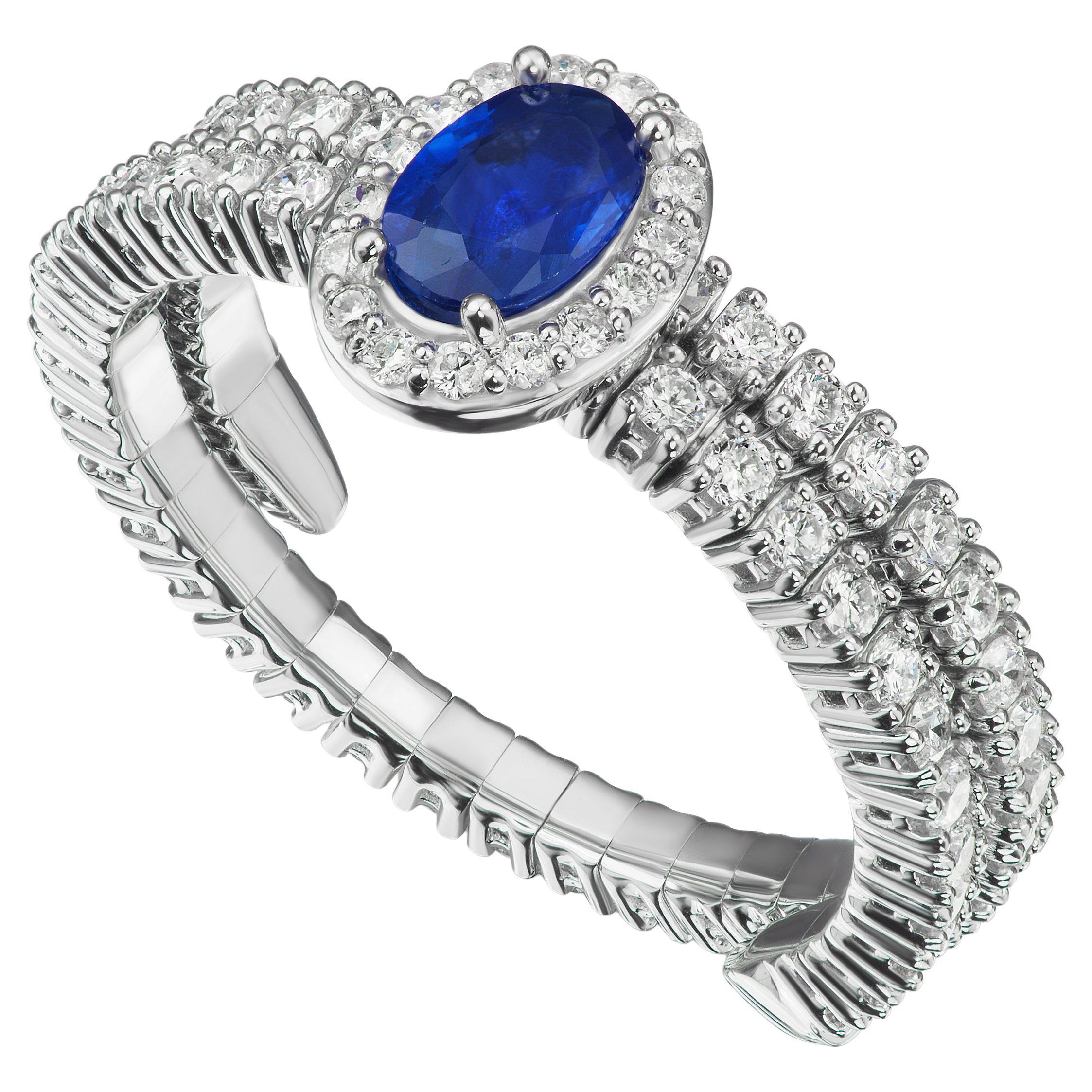 Bague à anneau réglable en or blanc 18 carats, saphir bleu et diamant en vente