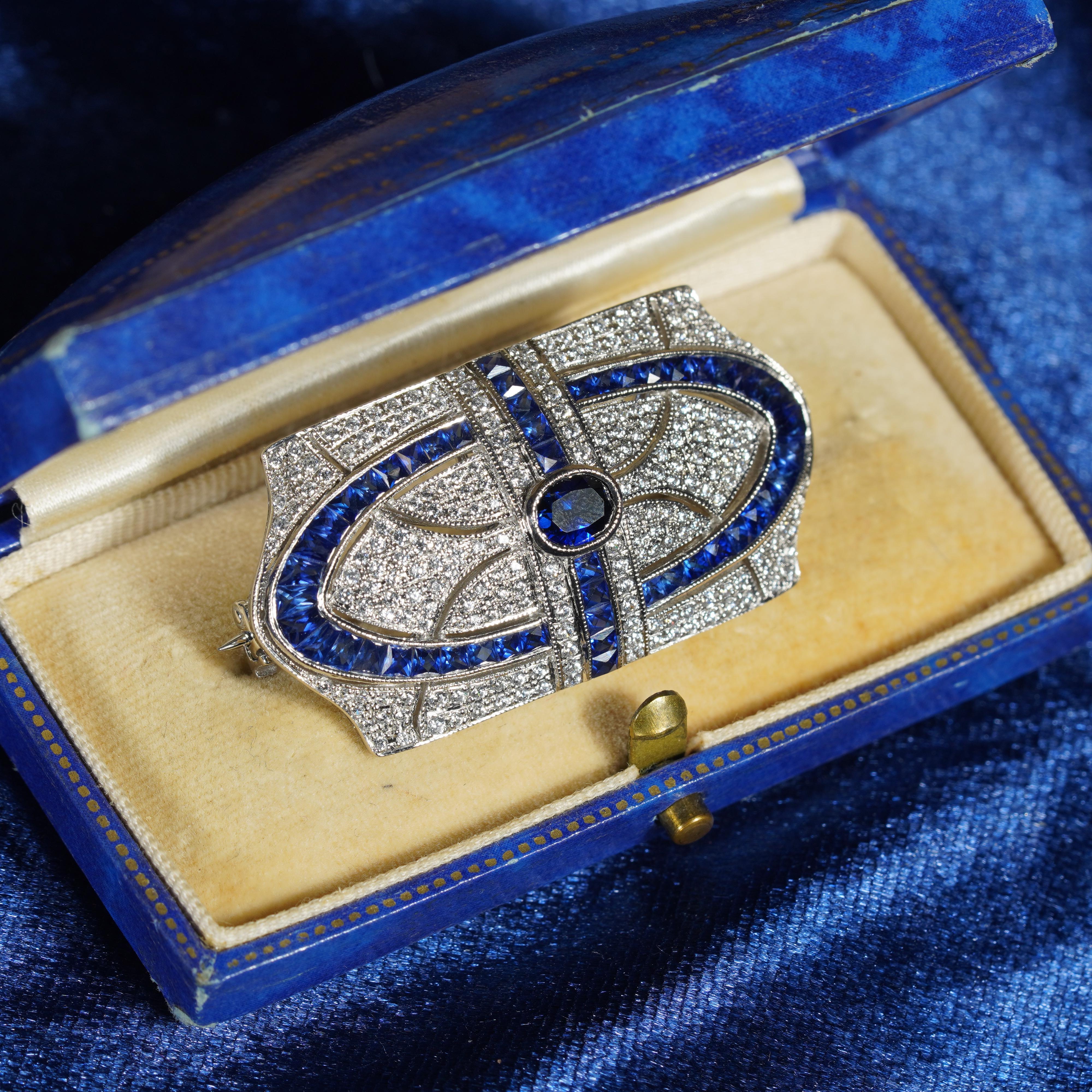 Oval Cut Blue Sapphire and Diamond Antique Style Brooch in 18K White Gold For Sale
