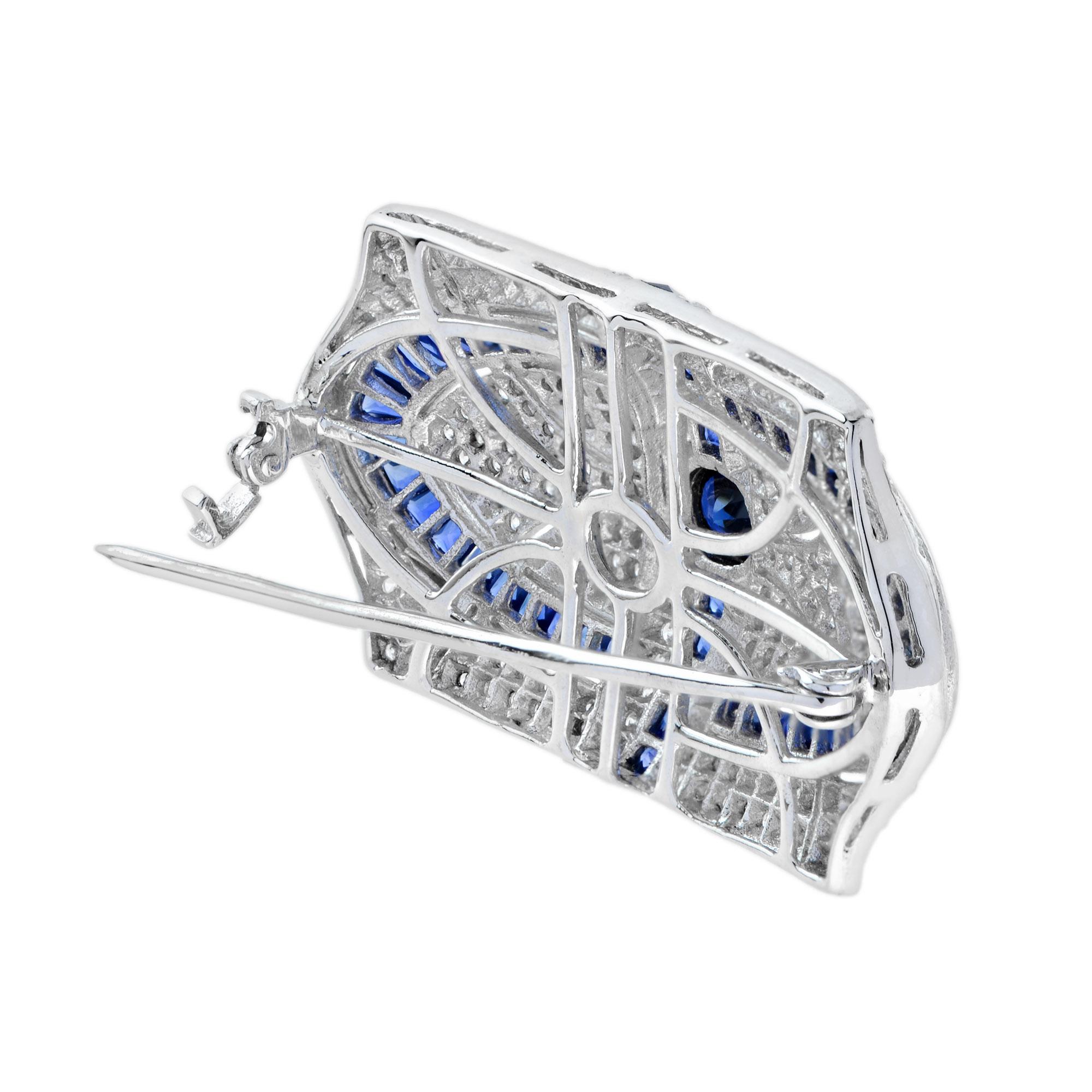 Women's or Men's Blue Sapphire and Diamond Antique Style Brooch in 18K White Gold For Sale