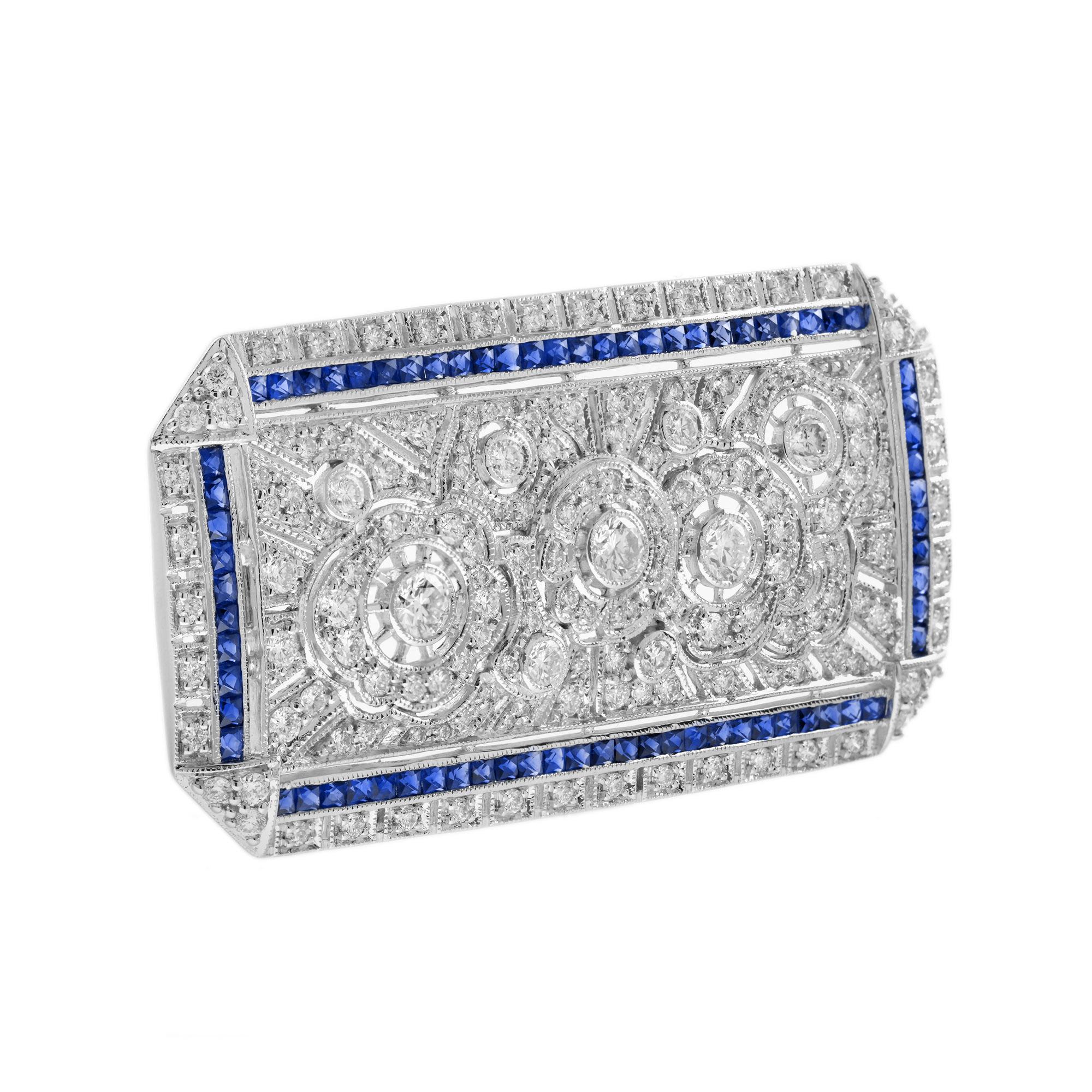 Art Deco Blue Sapphire and Diamond Antique Style Brooch in 18K White Gold For Sale