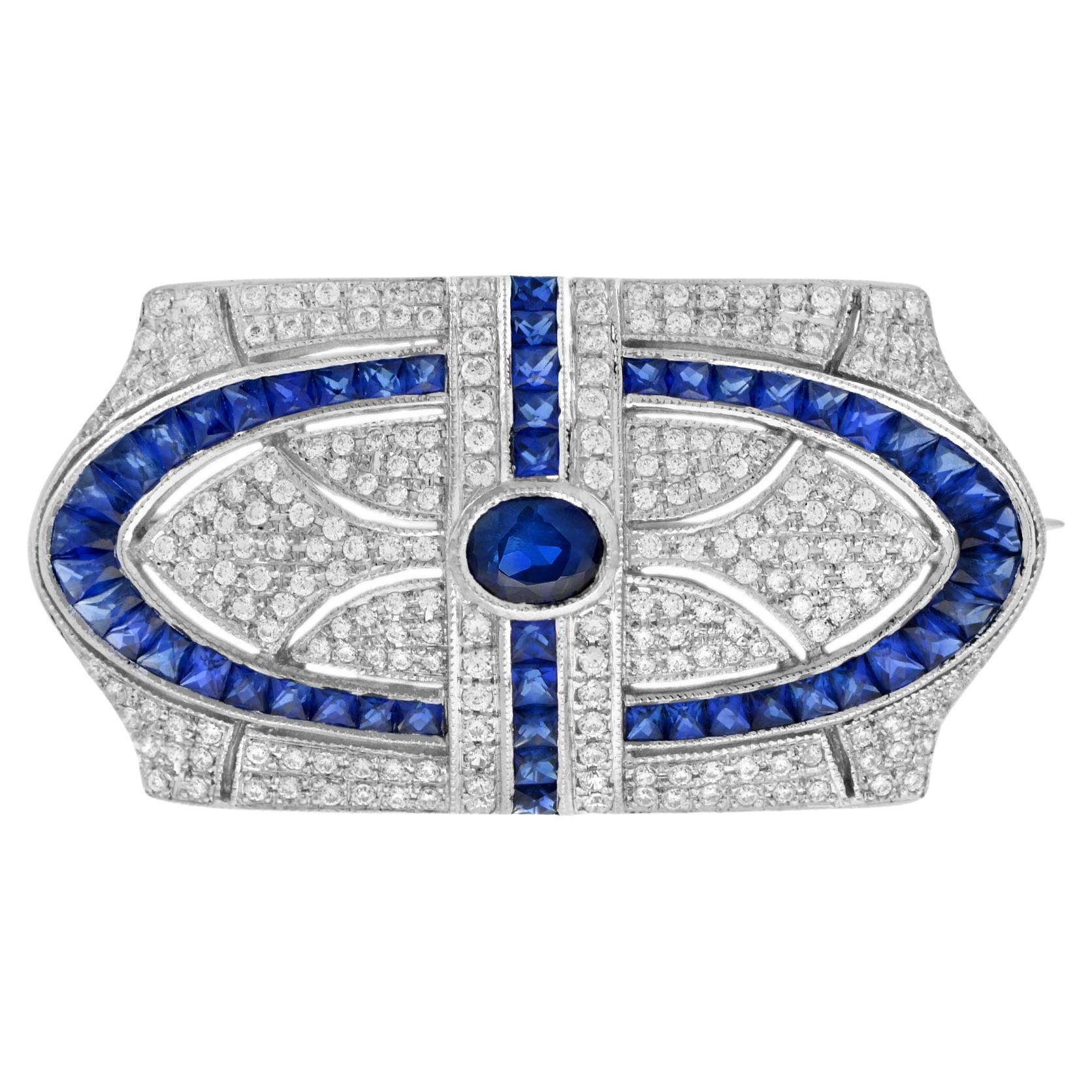 Blue Sapphire and Diamond Antique Style Brooch in 18K White Gold For Sale