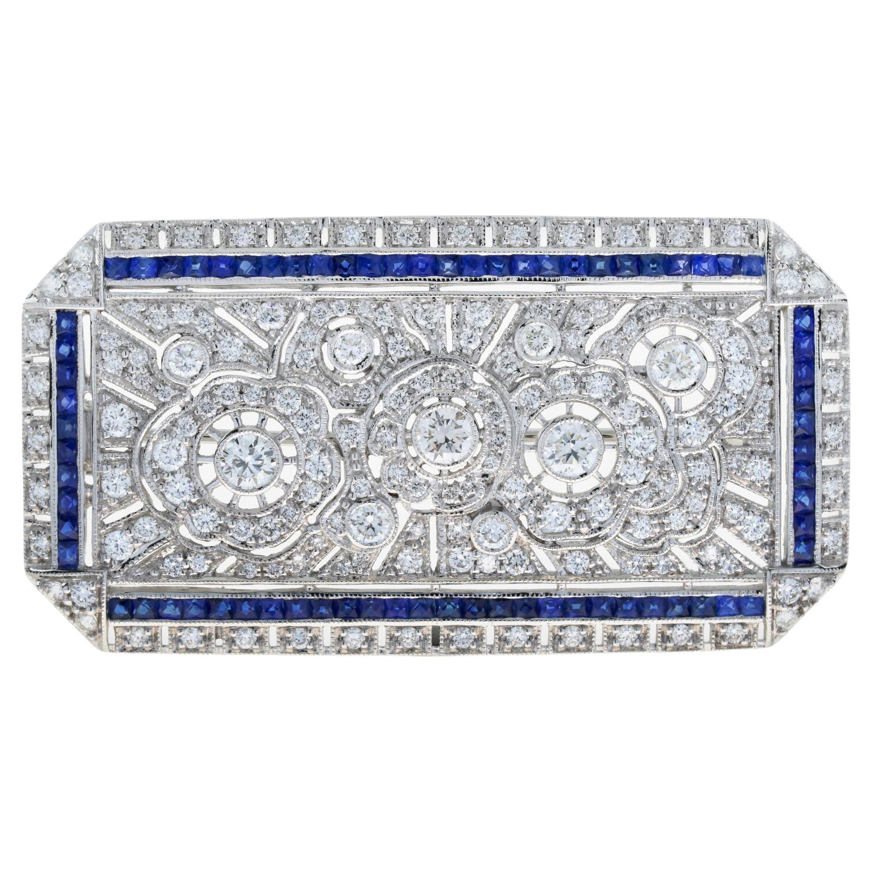 Blue Sapphire and Diamond Antique Style Brooch in 18K White Gold