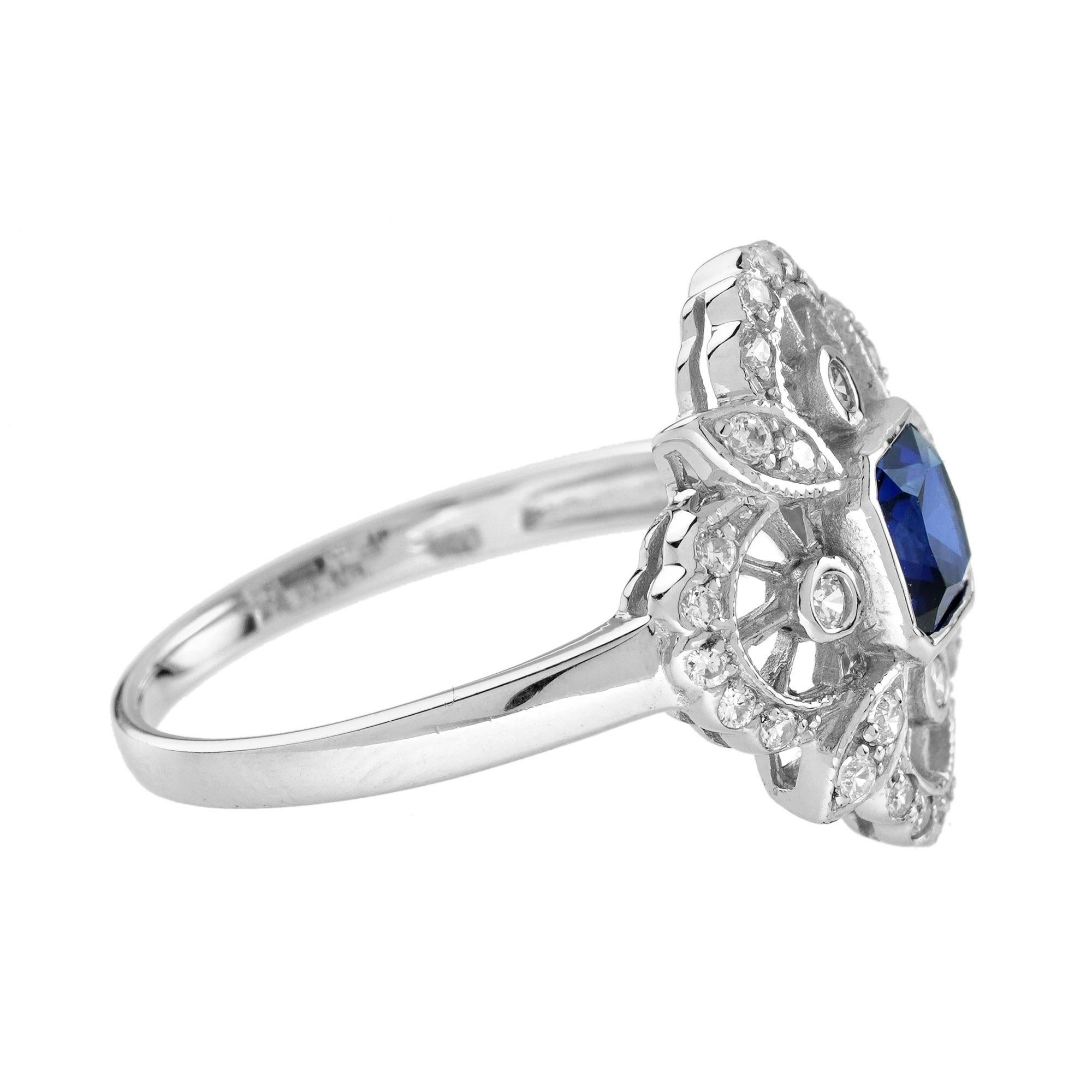 Octagon Cut Blue Sapphire and Diamond Antique Style Engagement Ring in 14K White Gold For Sale
