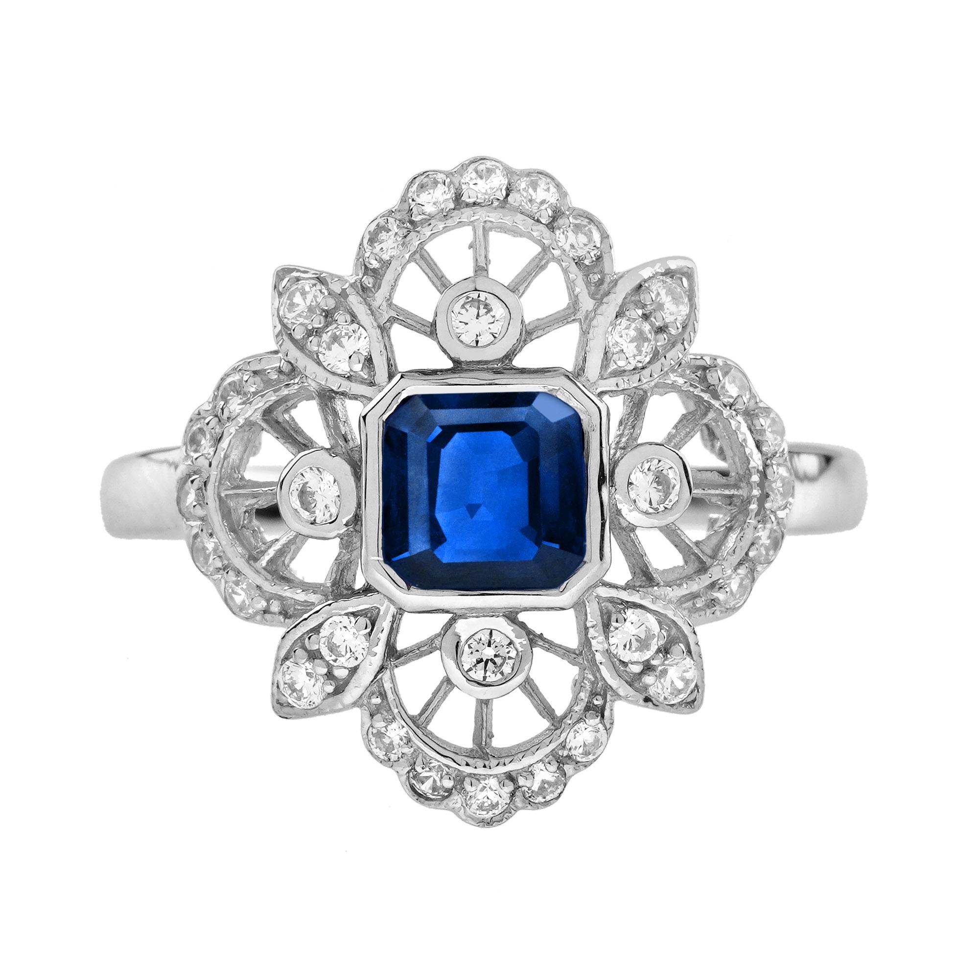 Blue Sapphire and Diamond Antique Style Engagement Ring in 14K White Gold