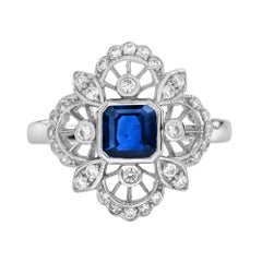 Bague de fiançailles en or blanc 14K avec saphir bleu et diamant de style antique