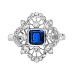 Blue Sapphire and Diamond Antique Style Engagement Ring in 14K White Gold