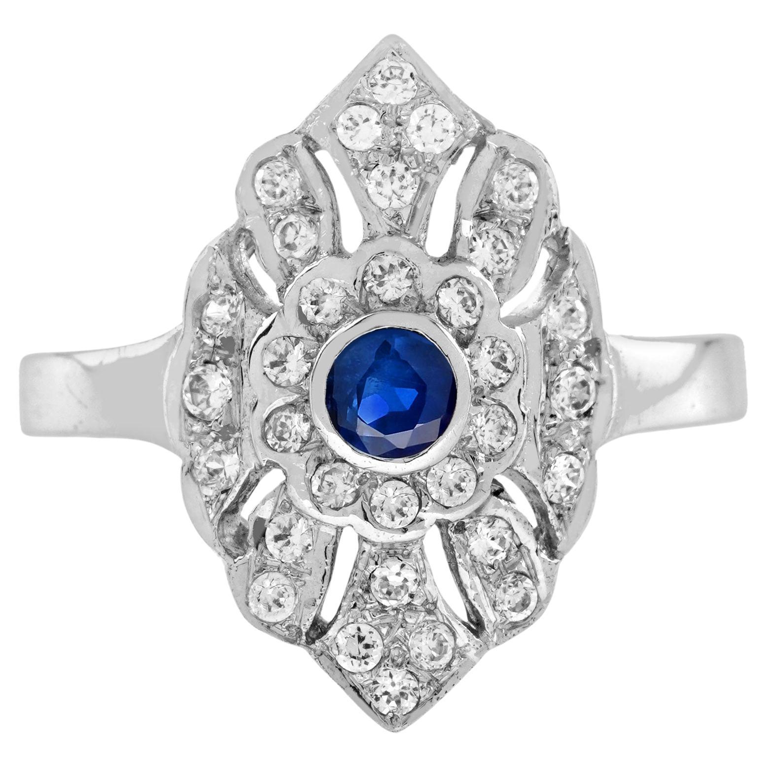 Blue Sapphire and Diamond Antique Style Engagement Ring in 14K White Gold For Sale