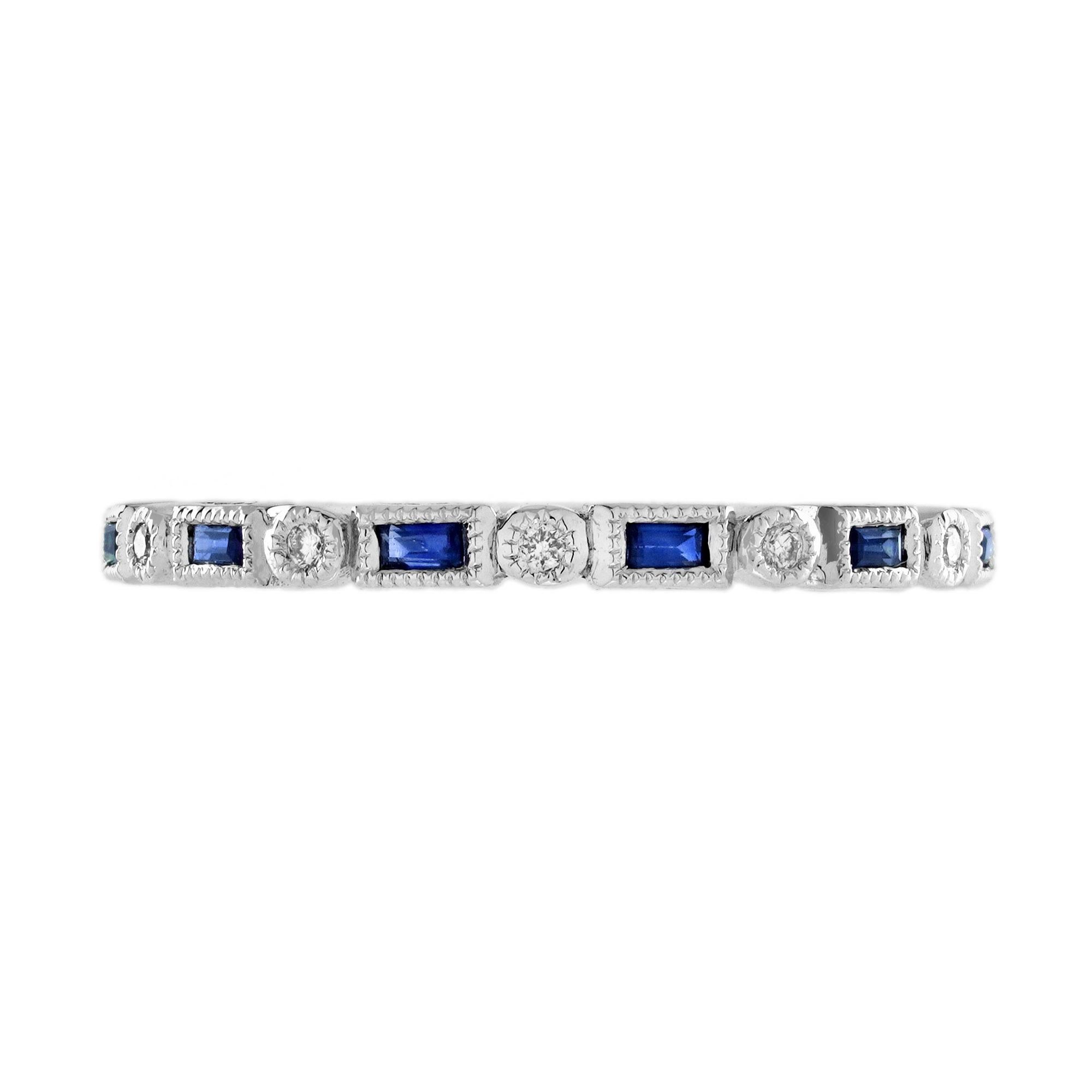 Round Cut Blue Sapphire and Diamond Art Deco Style Band Ring in 14K White Gold For Sale