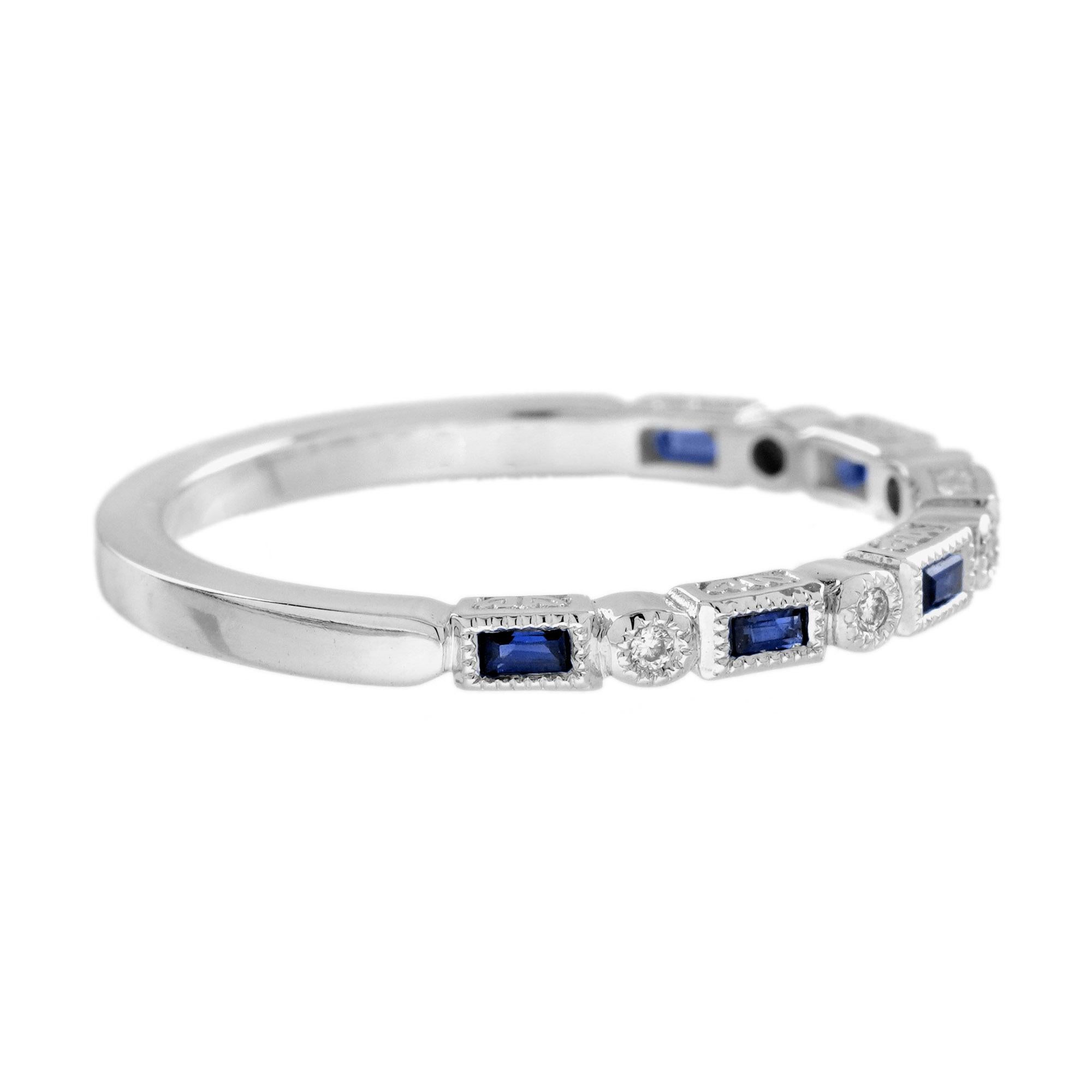 Blue Sapphire and Diamond Art Deco Style Band Ring in 14K White Gold In New Condition For Sale In Bangkok, TH