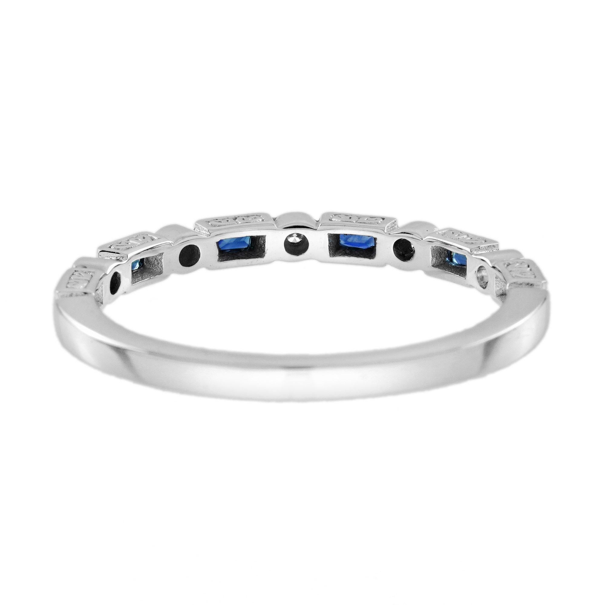 Women's Blue Sapphire and Diamond Art Deco Style Band Ring in 14K White Gold For Sale