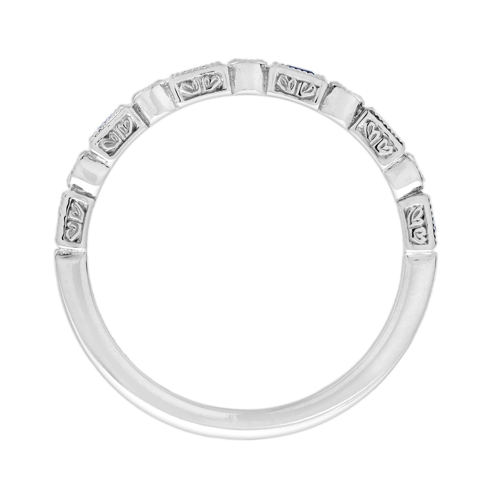 Blue Sapphire and Diamond Art Deco Style Band Ring in 14K White Gold For Sale 1