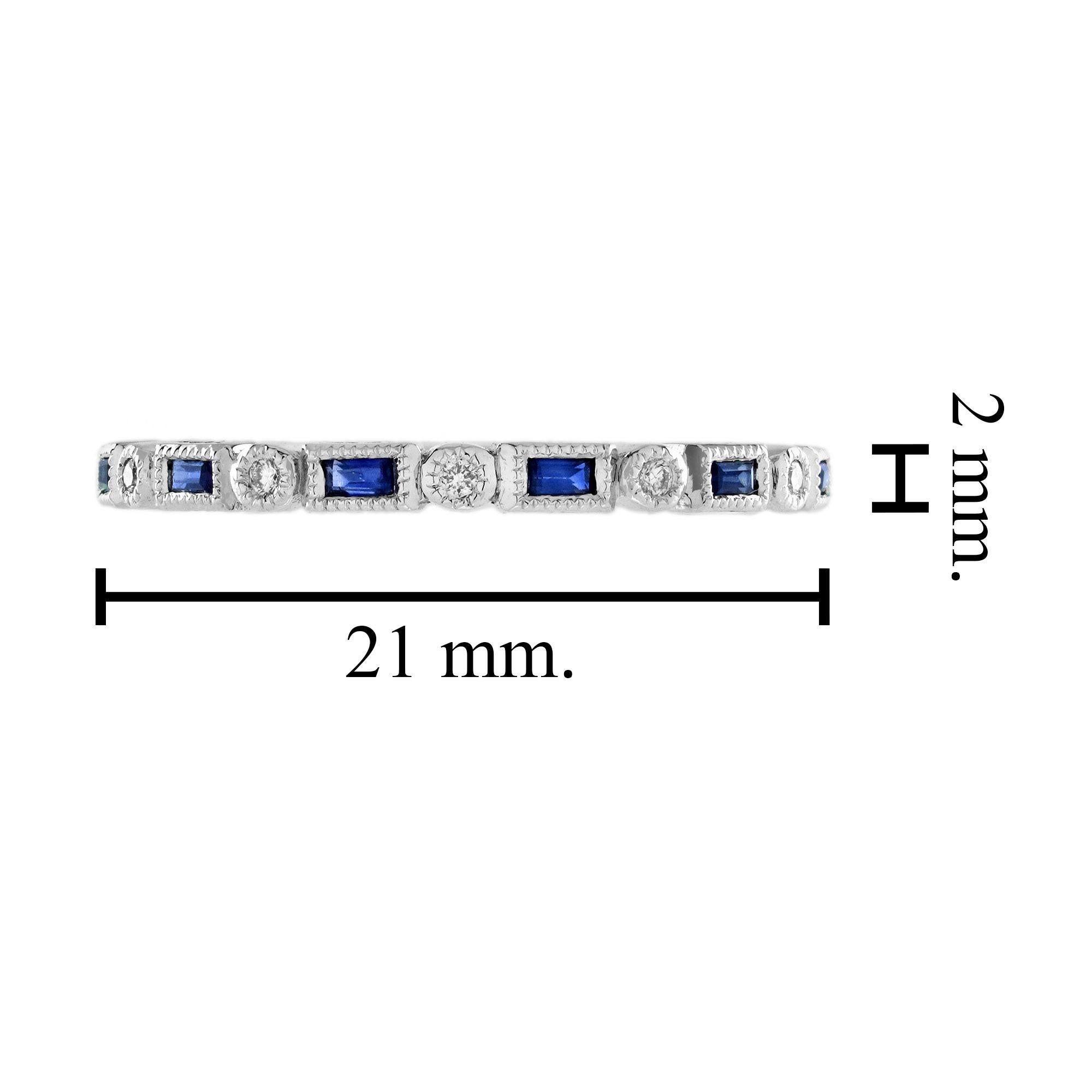 Blue Sapphire and Diamond Art Deco Style Band Ring in 14K White Gold For Sale 2