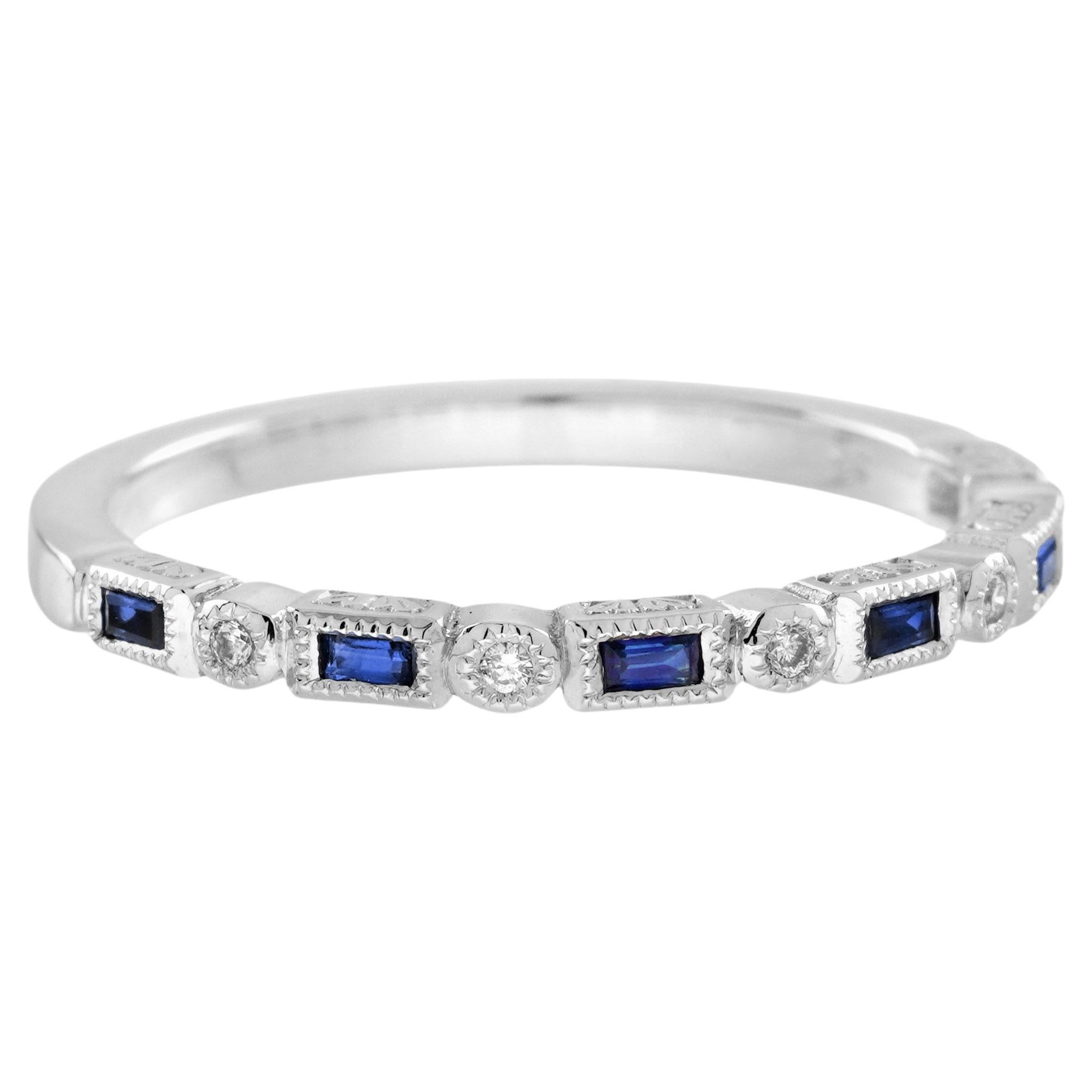 Blue Sapphire and Diamond Art Deco Style Band Ring in 14K White Gold