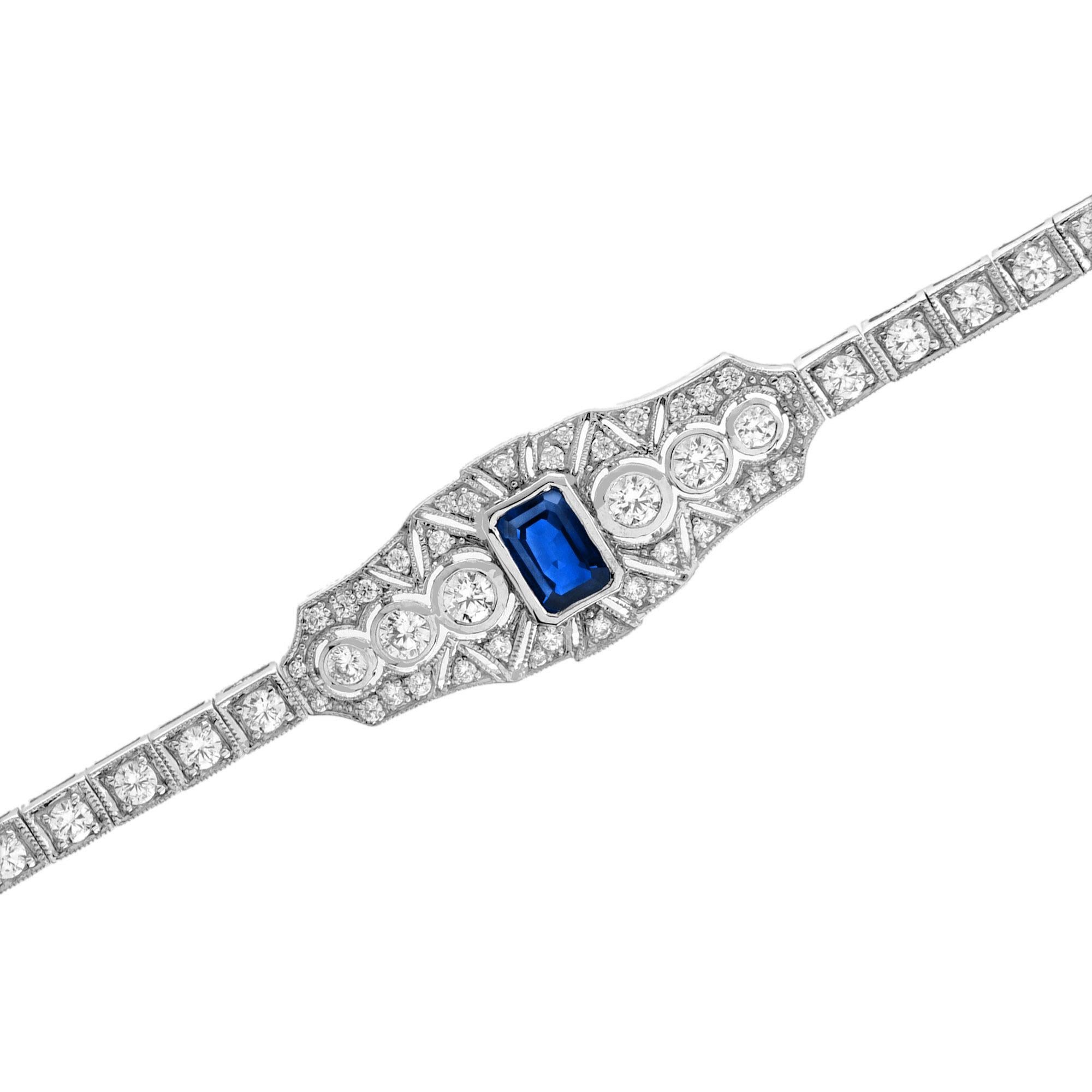 Emerald Cut Blue Sapphire and Diamond Art Deco Style Bracelet in 18K White Gold For Sale