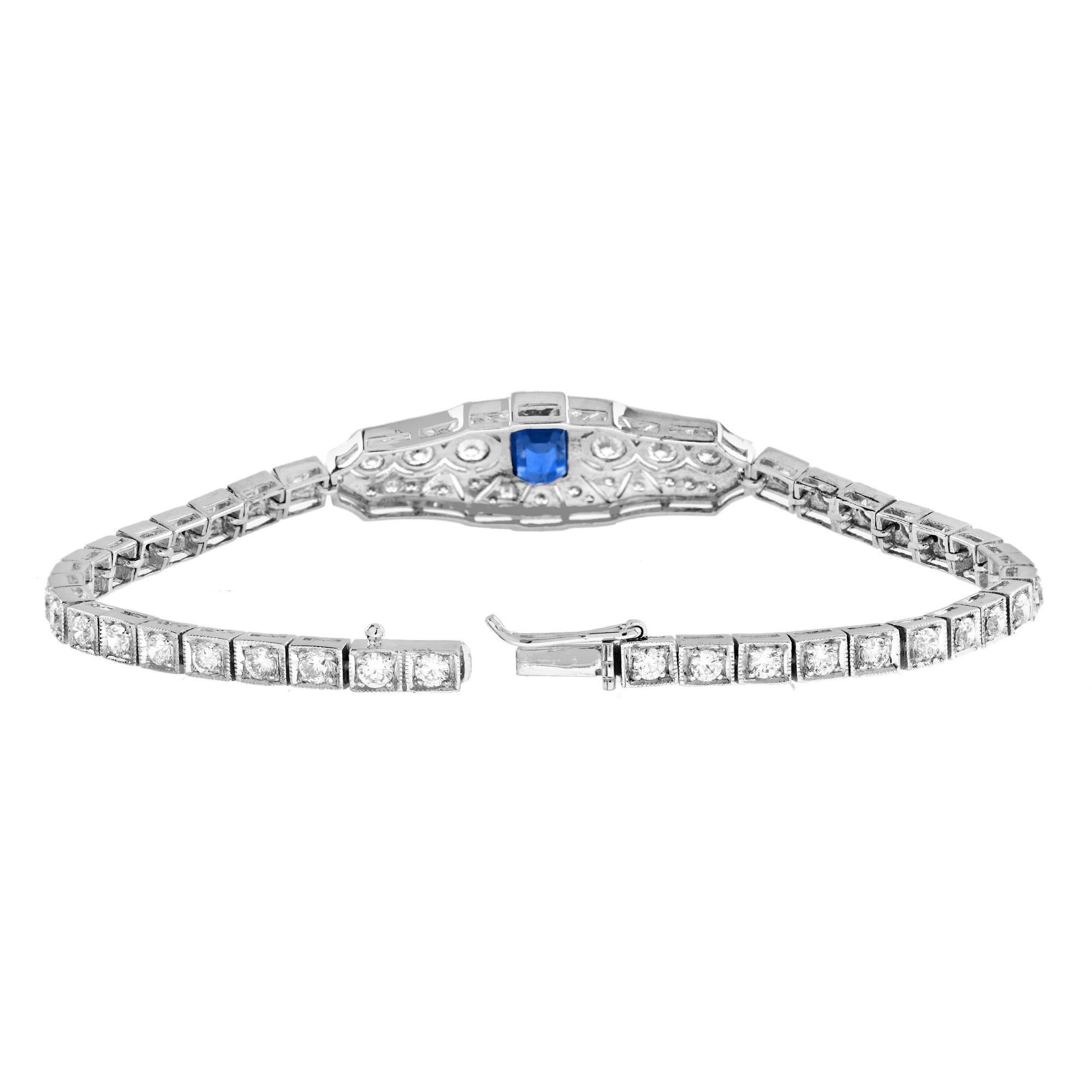 Women's Blue Sapphire and Diamond Art Deco Style Bracelet in 18K White Gold For Sale