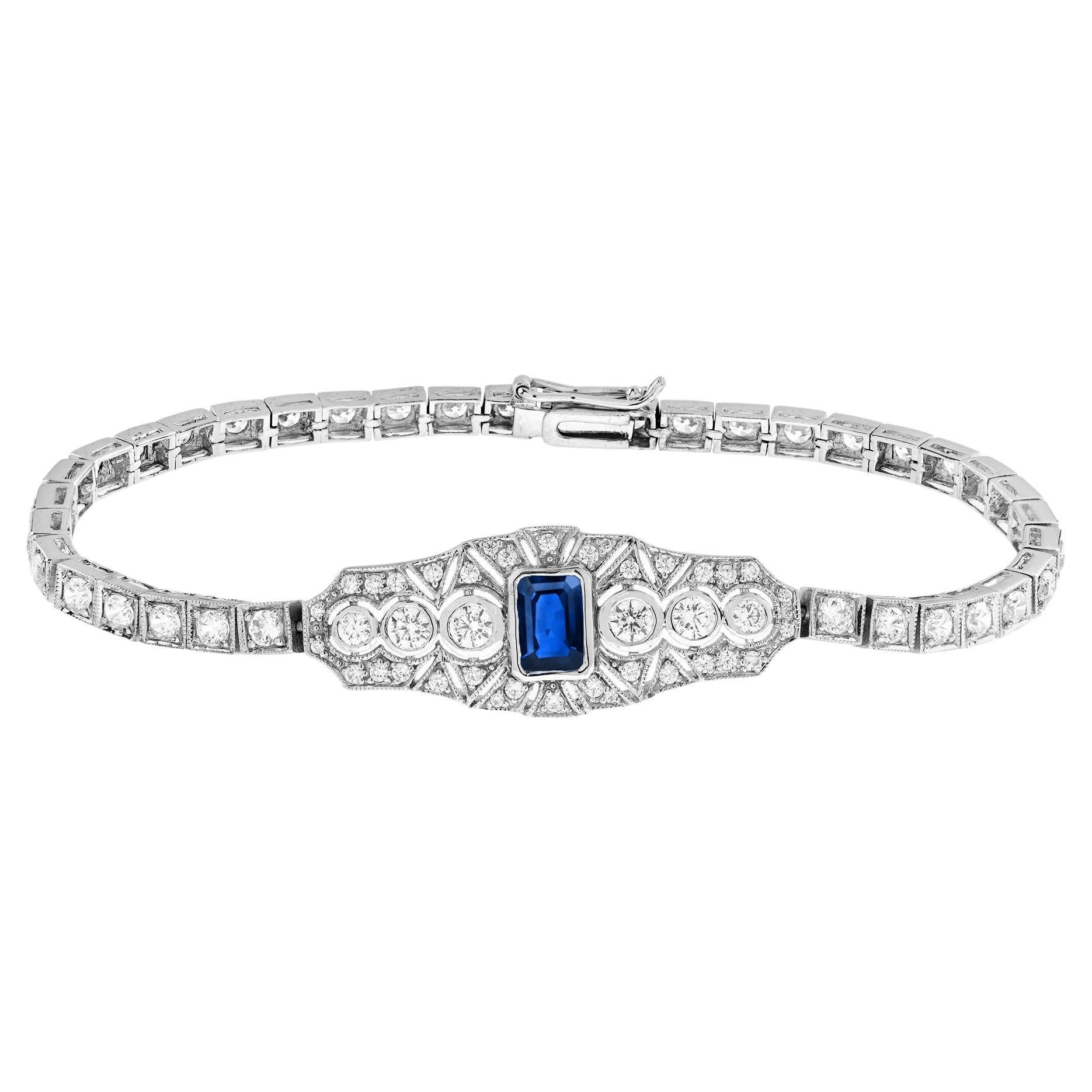 Blue Sapphire and Diamond Art Deco Style Bracelet in 18K White Gold For Sale