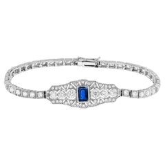 Blue Sapphire and Diamond Art Deco Style Bracelet in 18K White Gold