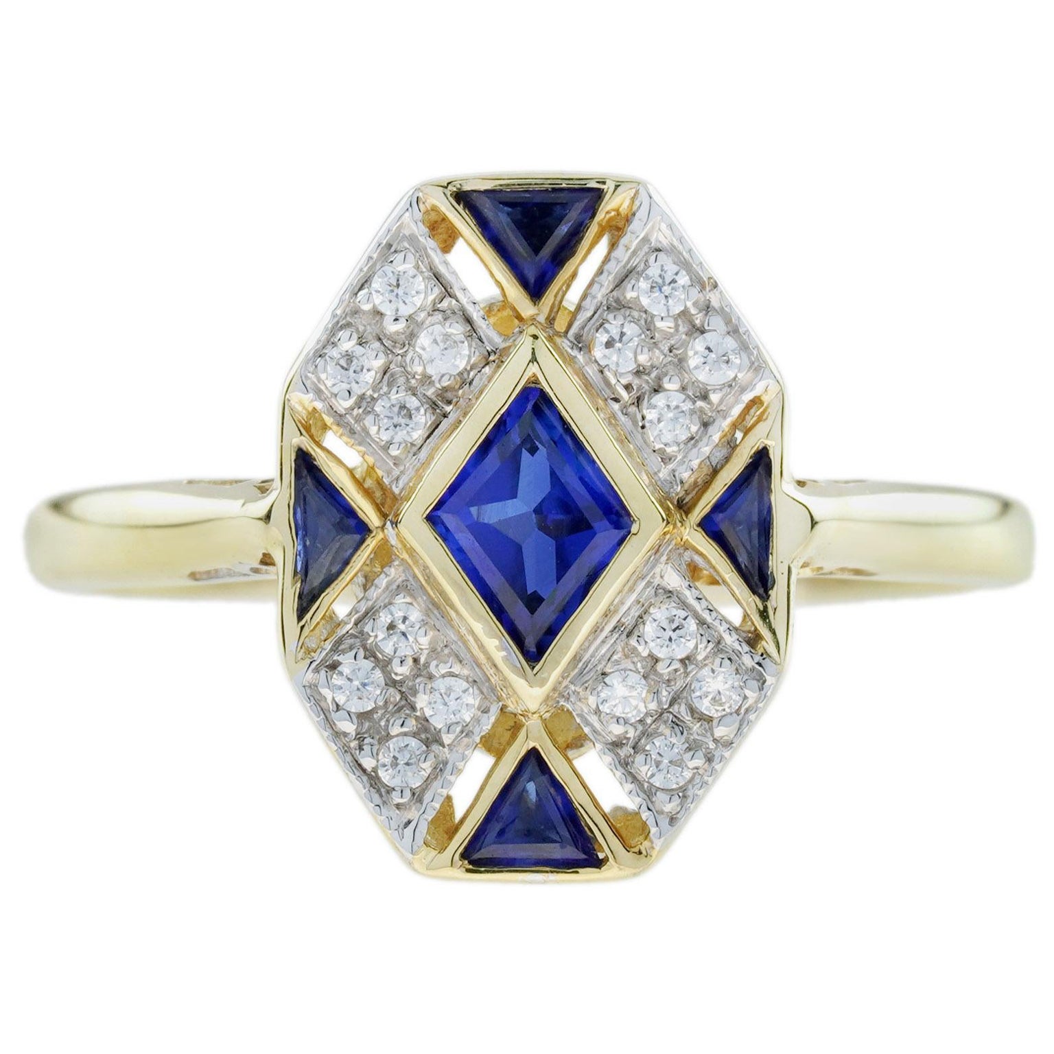 Anillo Racimo de Zafiro Azul y Diamantes Estilo Art Decó en Oro Bicolor de 14K