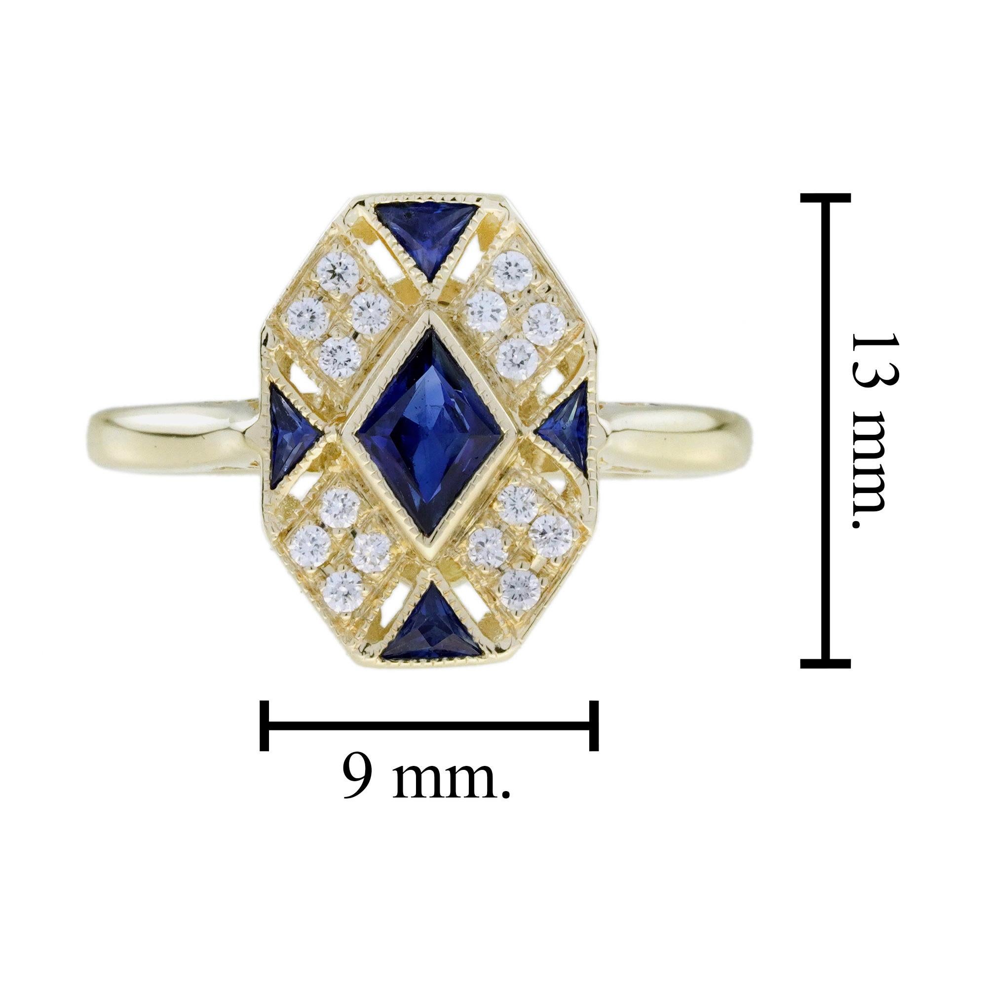 Anello a grappolo con zaffiro blu e diamanti in stile Art Déco in oro giallo 14 carati in vendita 3