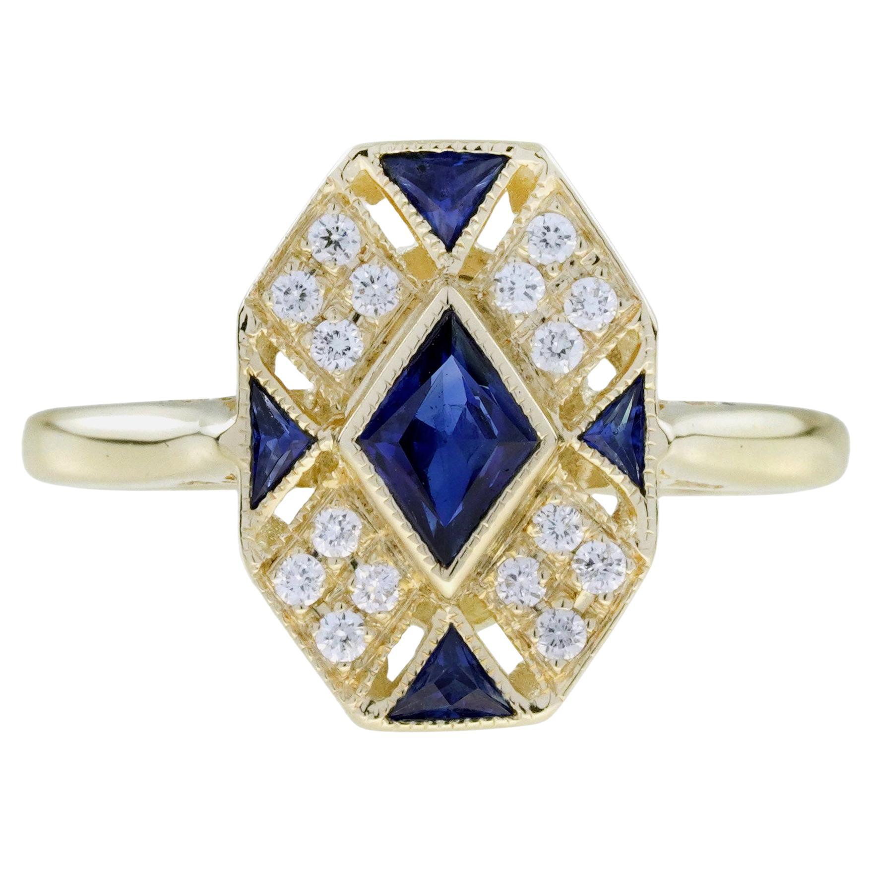 Blue Sapphire and Diamond Art Deco Style Cluster Ring in 14K Yellow Gold