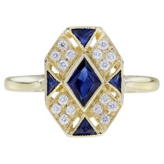 Blue Sapphire and Diamond Art Deco Style Cluster Ring in 14K Yellow Gold