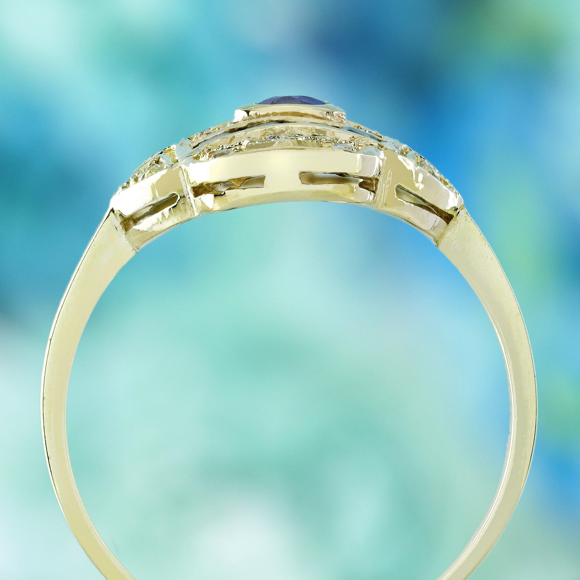 Donna Anello da cocktail in stile Art Déco con zaffiro blu e diamanti in oro giallo massiccio 9 carati in vendita