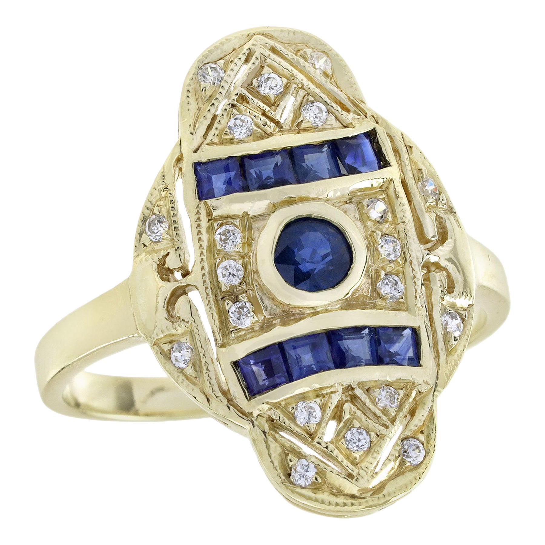 Bague de cocktail en or jaune 9 carats, saphir bleu et diamant, style Art déco
