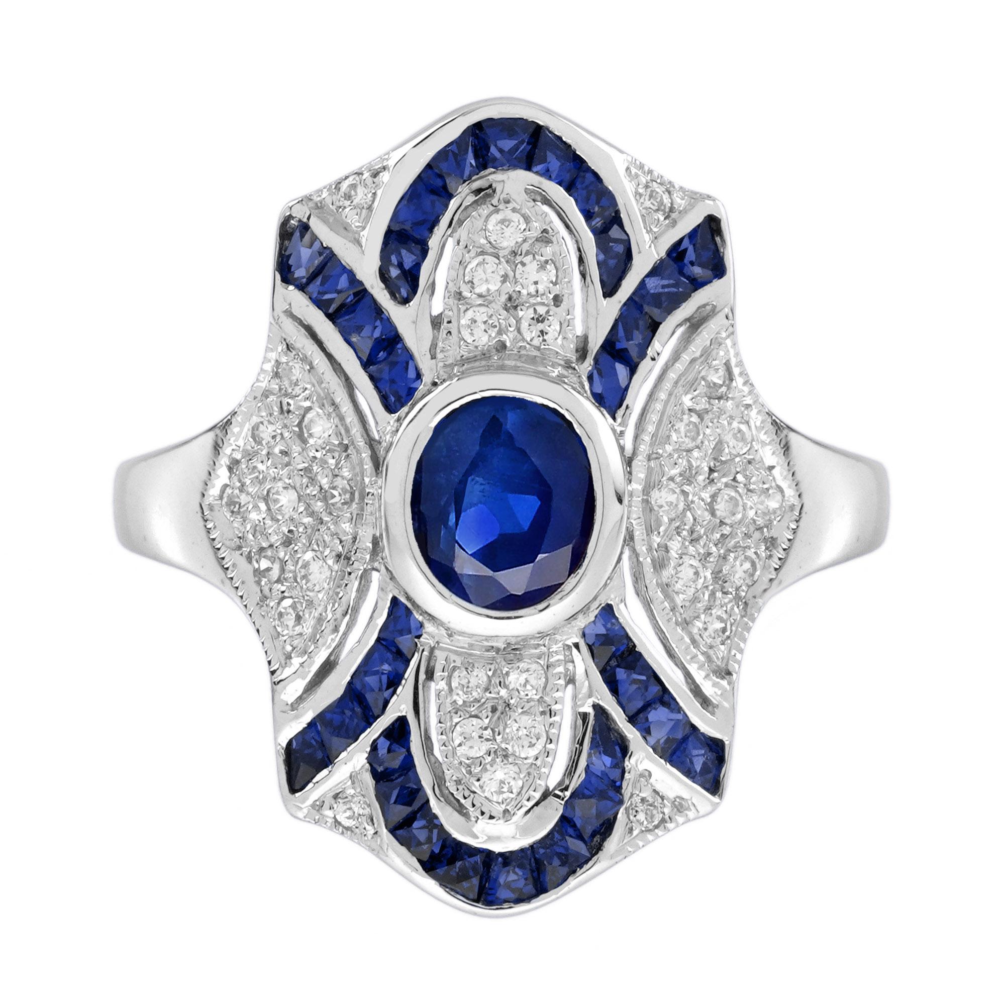 Blue Sapphire and diamond Art Deco Style Dinner Ring in 18K White Gold