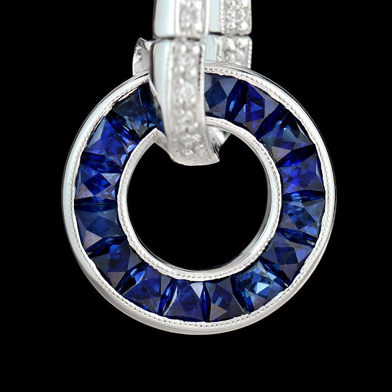 Blue Sapphire and Diamond Art Deco Style Donut Drop Earrings in 18K White Gold For Sale 3