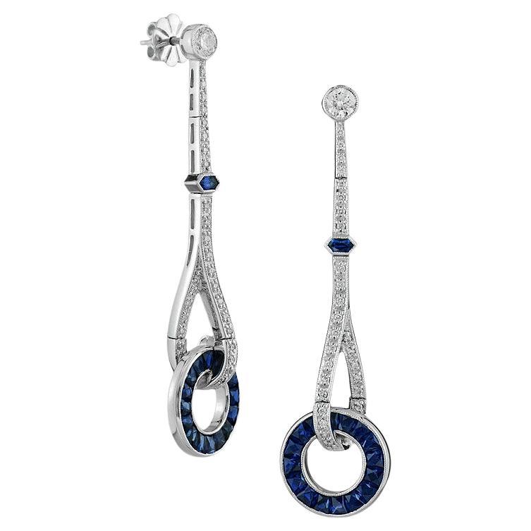 Blue Sapphire and Diamond Art Deco Style Donut Drop Earrings in 18K White Gold For Sale